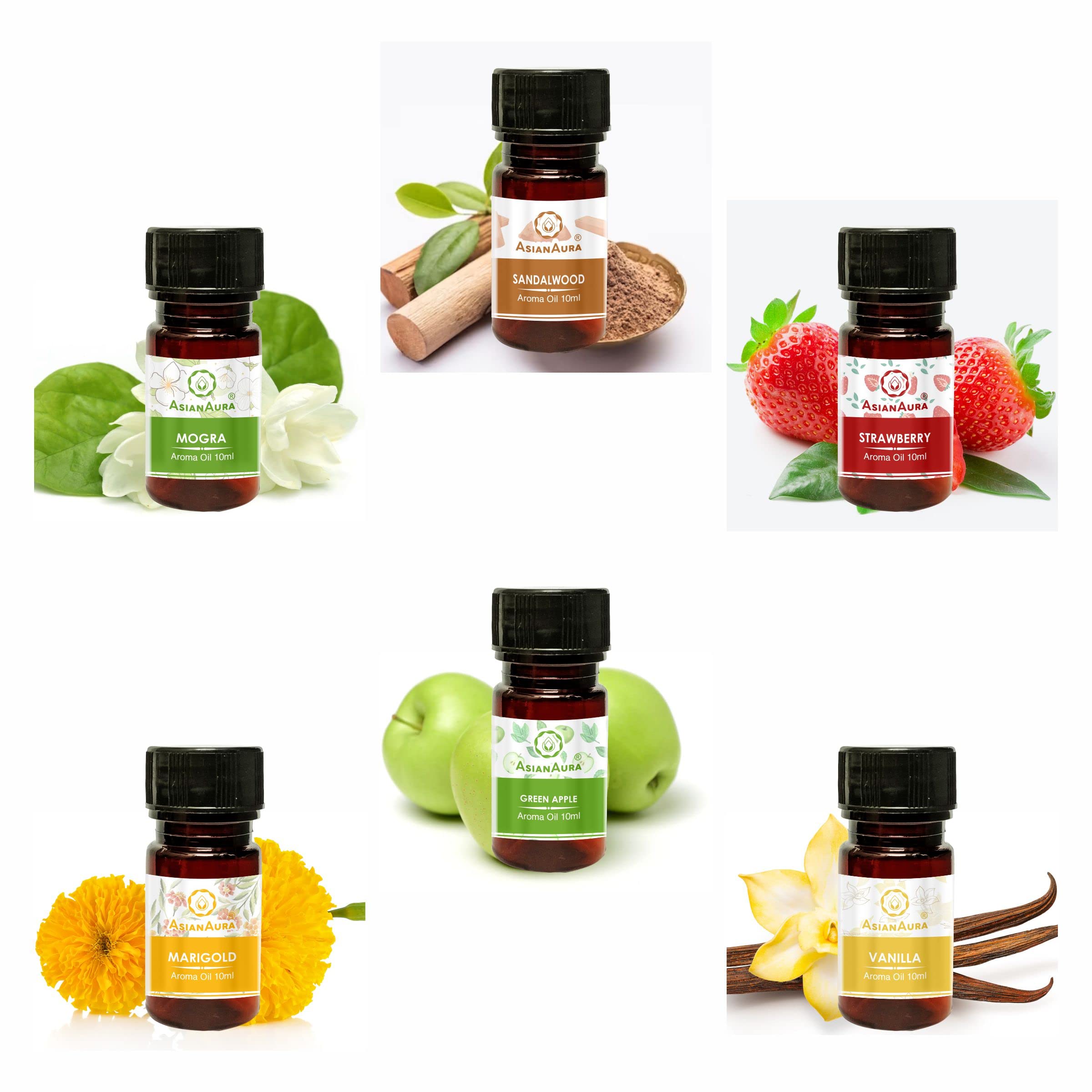 Premium Asian Aroma Essential Oil Set - 6 Pack (10ml Each) for Candle Warmers & Electric Diffusers | Marigold, Mogra, Sandalwood, Green Apple, Vanilla, Strawberry Scents | Home Fragrance Oil for Relaxation, Yoga & Aromatherapy