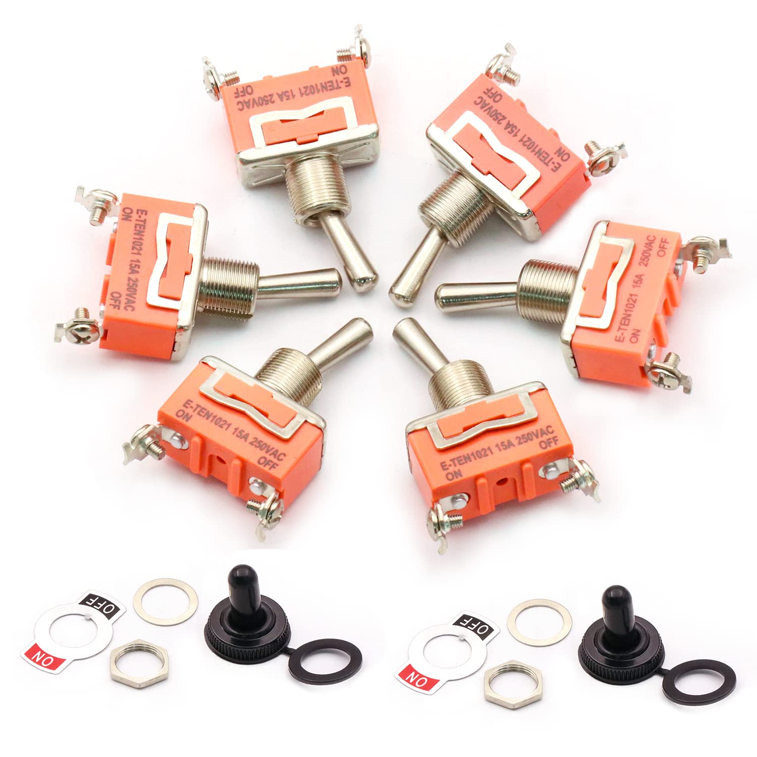 10-Pack Waterproof Toggle Switch - 2 Position 2 Pin ON/Off Metal Heavy Duty Switch (15A 250V) with Waterproof Boot Cap - Ideal for Marine, Automotive, and Outdoor Electrical Applications