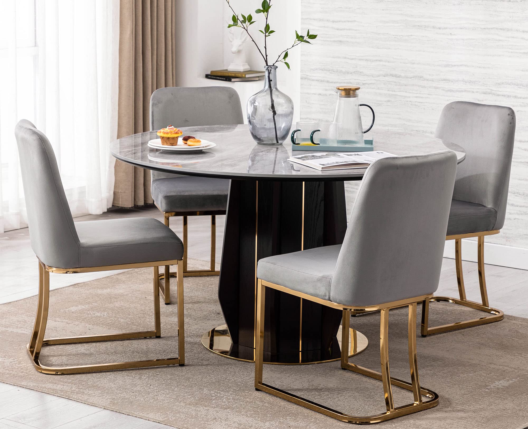 Luxury Velvet Upholstered Dining Chairs with Gold Metal Frame - Mid Century Modern Style Set of 6 for Dining Room, Restaurant & Kitchen - Perfect for Formal Dinners, Family Gatherings & Elegant Home Decor (Grey)