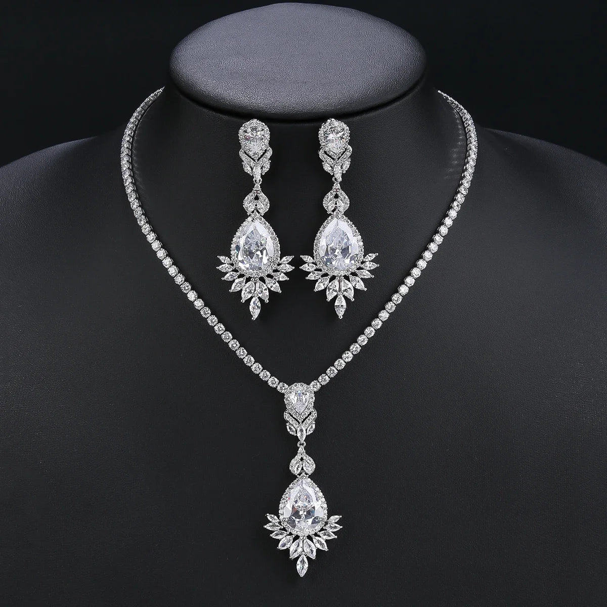 Elegant CZ Cubic Zirconia Water Drop Pendant Necklace & Earrings Set - Bridal Wedding Jewelry for Women - Perfect Gift for Anniversary, Engagement & Special Occasions