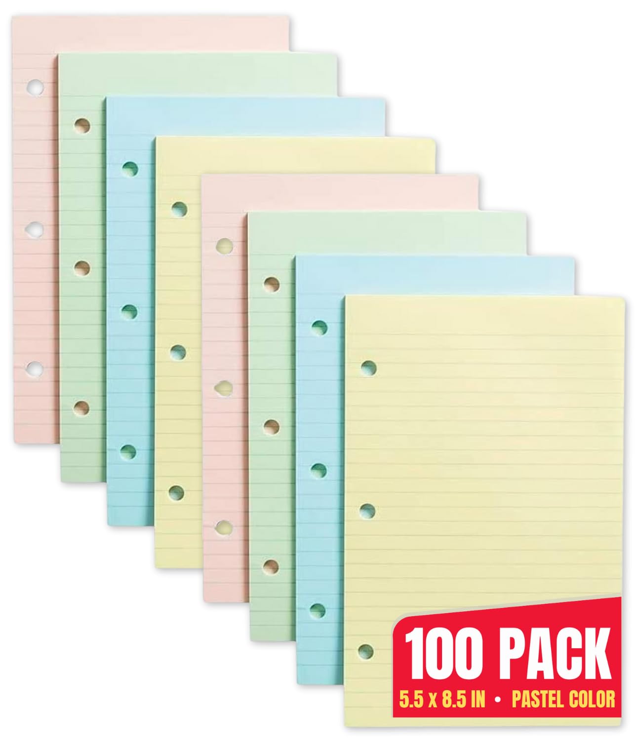 1InTheOffice 5.5 x 8.5 Pastel Colored College Ruled Mini Binder Paper - 100 Sheets Loose Leaf Notebook Paper for School, Office & Planner Organization | Assorted Colors for Note Taking & Journaling