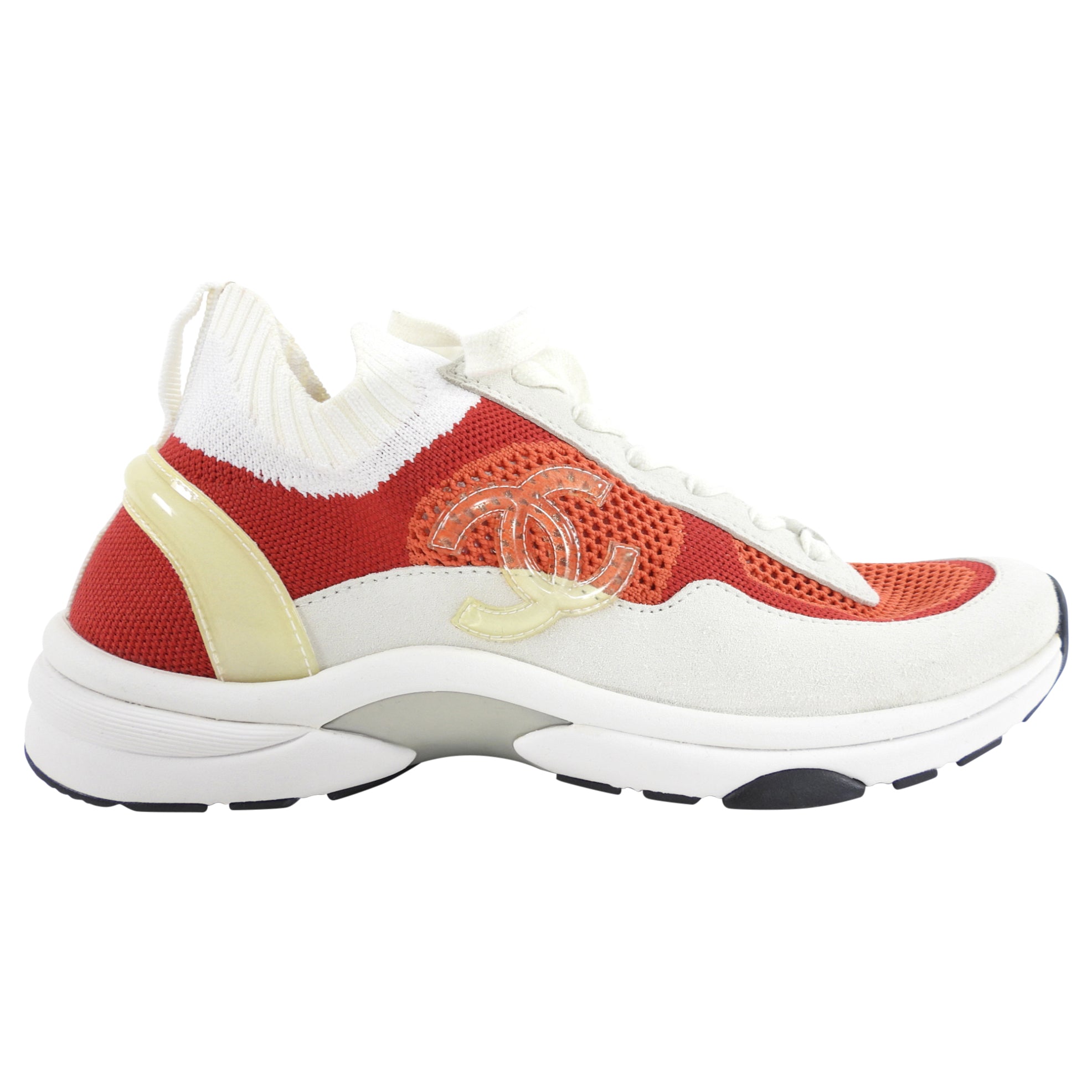 Chanel G36258 Red and White Suede Mesh Knit Sneakers - Women's Size 40/39 - Casual Fashion, Streetwear & Luxury Comfort for Everyday Wear