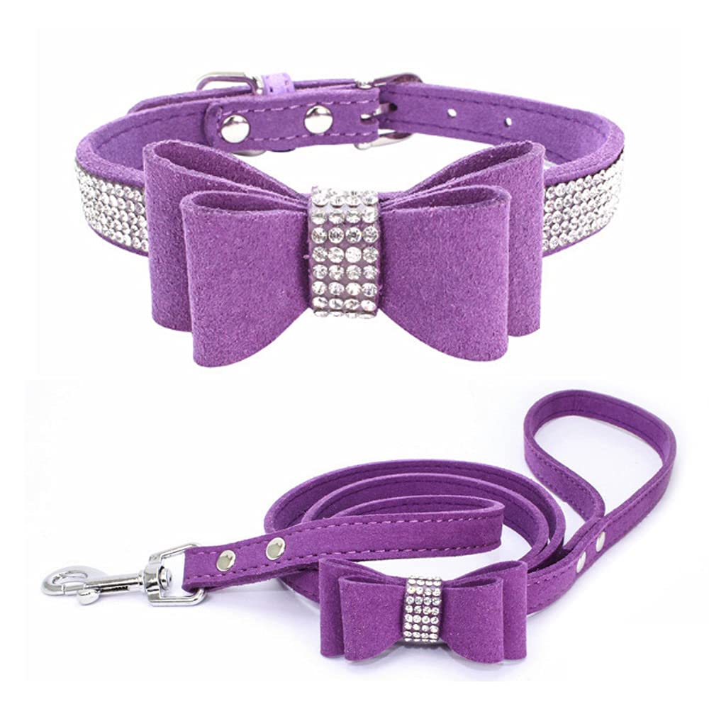 Sparkling Rhinestone Dog Collar & Leash Set with Crystal Diamonds & Cute Bow - Adjustable Soft Velvet Pet Accessories for Small to Medium Dogs (Purple, 12.6-15