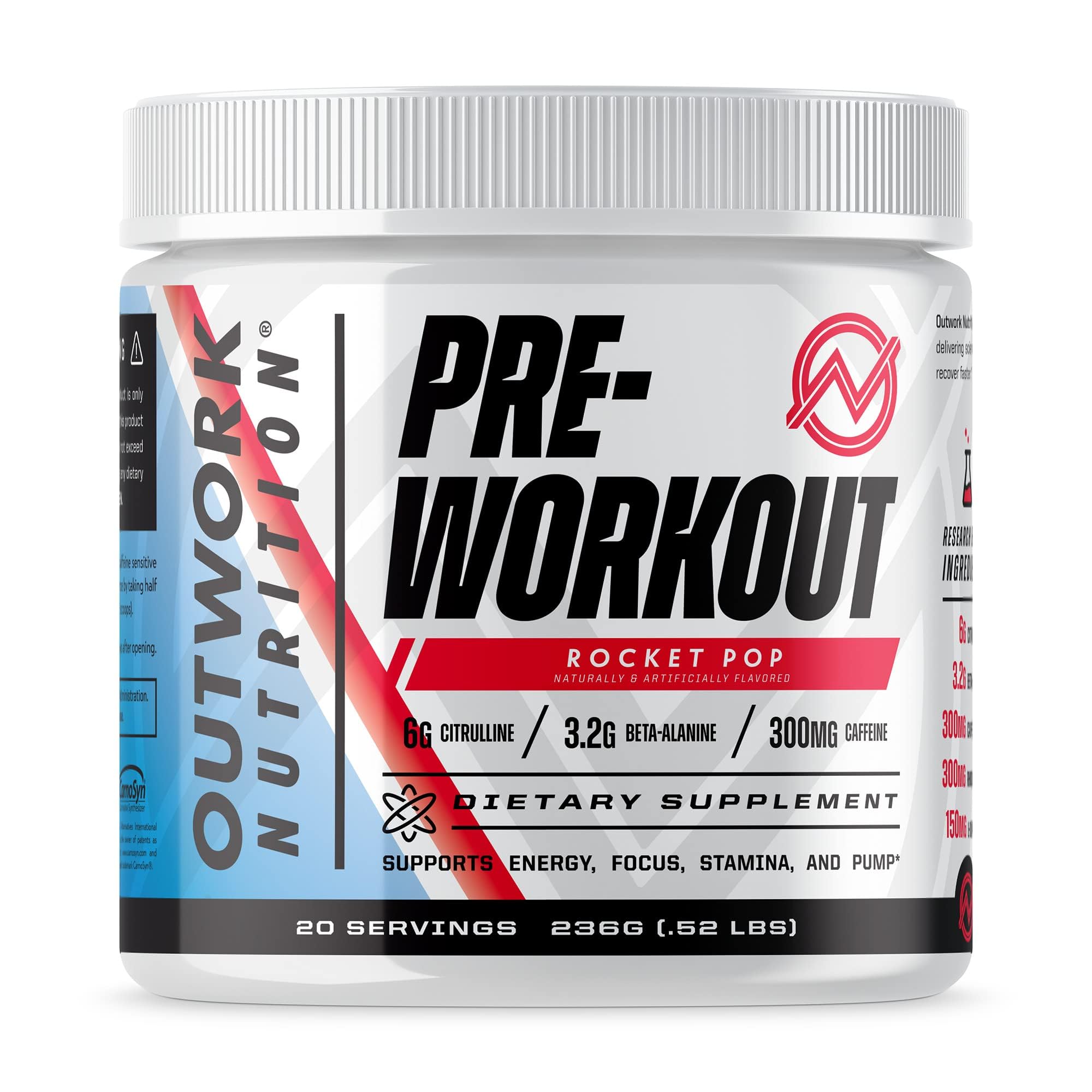 Outwork Nutrition Pre-Workout Powder for Men & Women - Caffeine, Citrulline Malate, Beta Alanine | No Creatine Formula with Nootropics | Energy & Focus Boost for Gym, Running & Fitness Training (Rocket Pop Flavor)