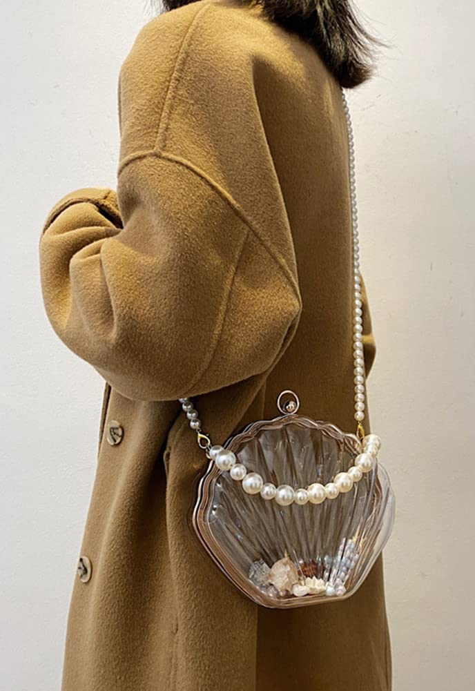 Fairy Shell Evening Purse for Women - Clear Transparent Handbag with Pearl Accents, Chic Party Clutch & Shoulder Bag - Perfect for Weddings, Prom, Cocktail Parties & Special Occasions