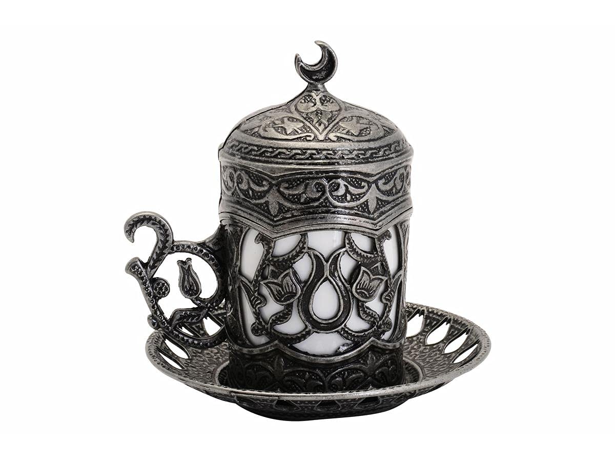 Premium Turkish Greek Arabic Coffee Cup & Saucer Set - 6 Porcelain Espresso Cups with Dark Silver Finish - Perfect Gift for Coffee Lovers, Ideal for Home, Office & Traditional Coffee Ceremonies