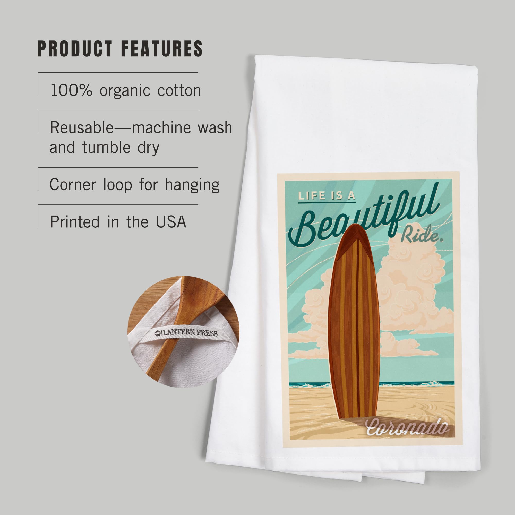 Coronado California Surfboard Letterpress Tea Towel - 100% Cotton Decorative Hand Towel for Kitchen & Home | Beach House Decor, Coastal Living Gift, Dish Drying Towel