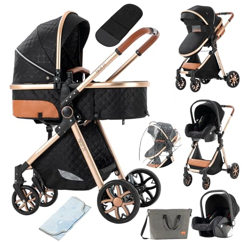 3 in 1 Baby Travel System - Reversible Stroller, Foldable Lightweight Pushchair & Pram for Newborn to Toddler | Portable Luxury Baby Carriage with High Landscape View (MGV9-BLACKGOLD) | Perfect for Shopping, Travel & Daily Walks