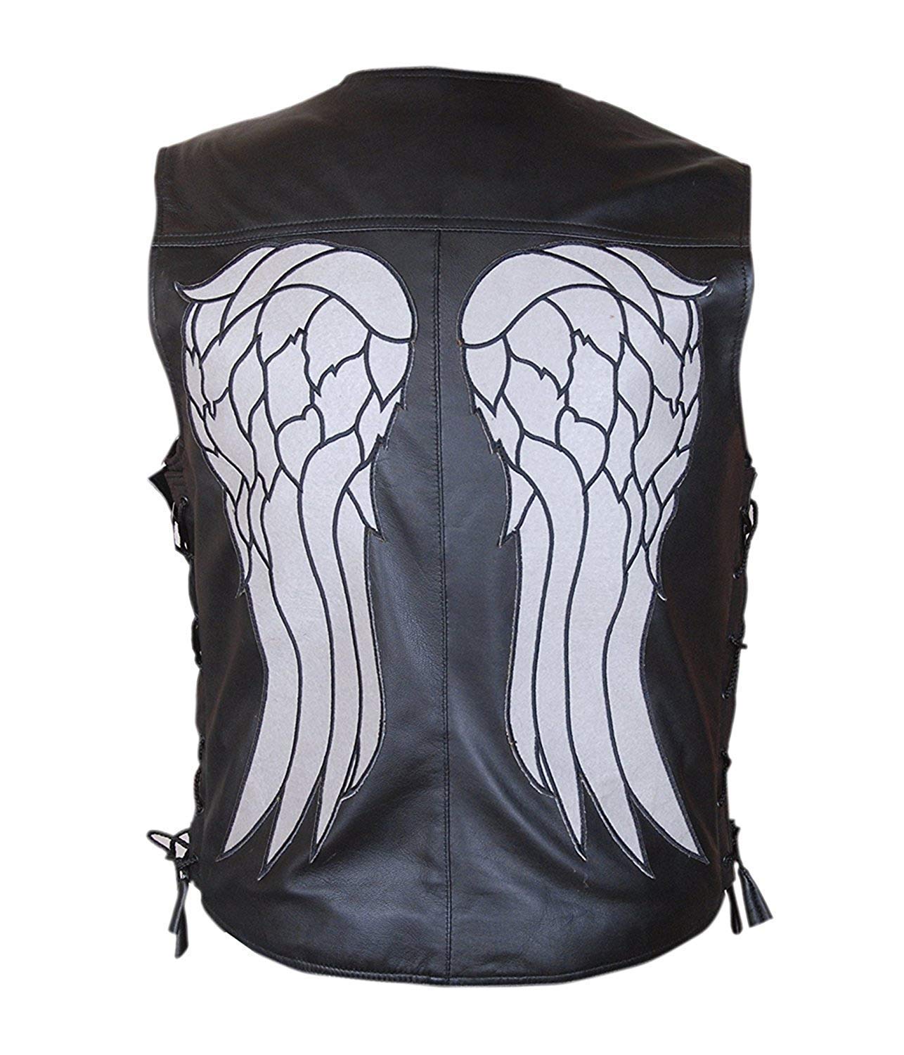LP-FACON Men's Motorcycle Vest with Angel Wings - Black Biker Leather Jacket for Riding, Costume Parties & Halloween Outfits