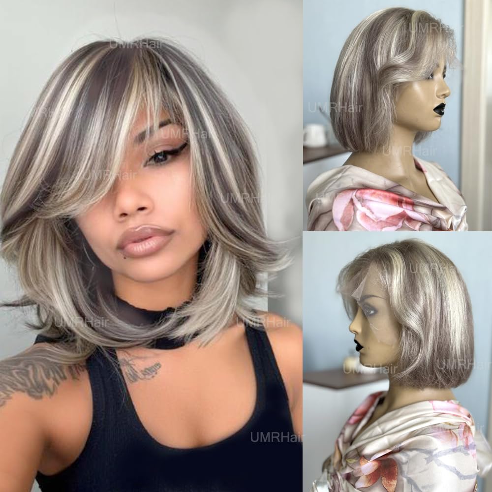 Platinum Blonde Short Bob Human Hair Wig with Purple Grey Highlights - Lace Front Wig for Women with Bangs & Baby Hair | Pre-Plucked 150 Density 12 Inch | Perfect for Cosplay, Parties & Daily Wear