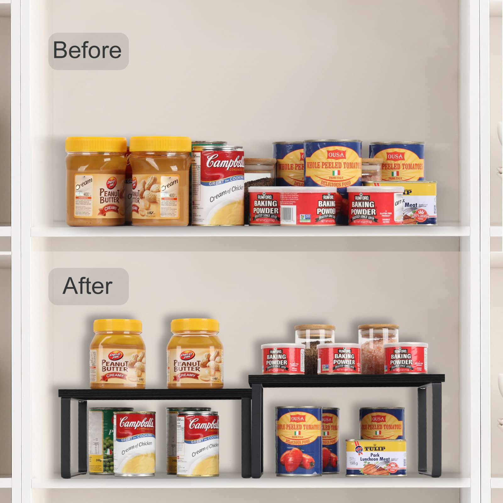 CADUKE 2-Pack Wooden Expandable Counter Shelf Organizer - Stackable Kitchen Cabinet & Pantry Storage Rack for Bathroom, Countertop, Office (Black) | Space-Saving Home Organization Solution