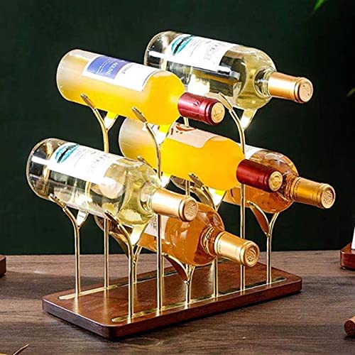 Wooden Countertop Bottle Rack - Holds 6 Wine Bottles - Gold Metal & Wood Tabletop Holder for Kitchen, Bar, Cellar Storage - Perfect for Home Decor, Cabinet & Pantry Organization - Ideal for Wine Lovers & Entertaining Guests