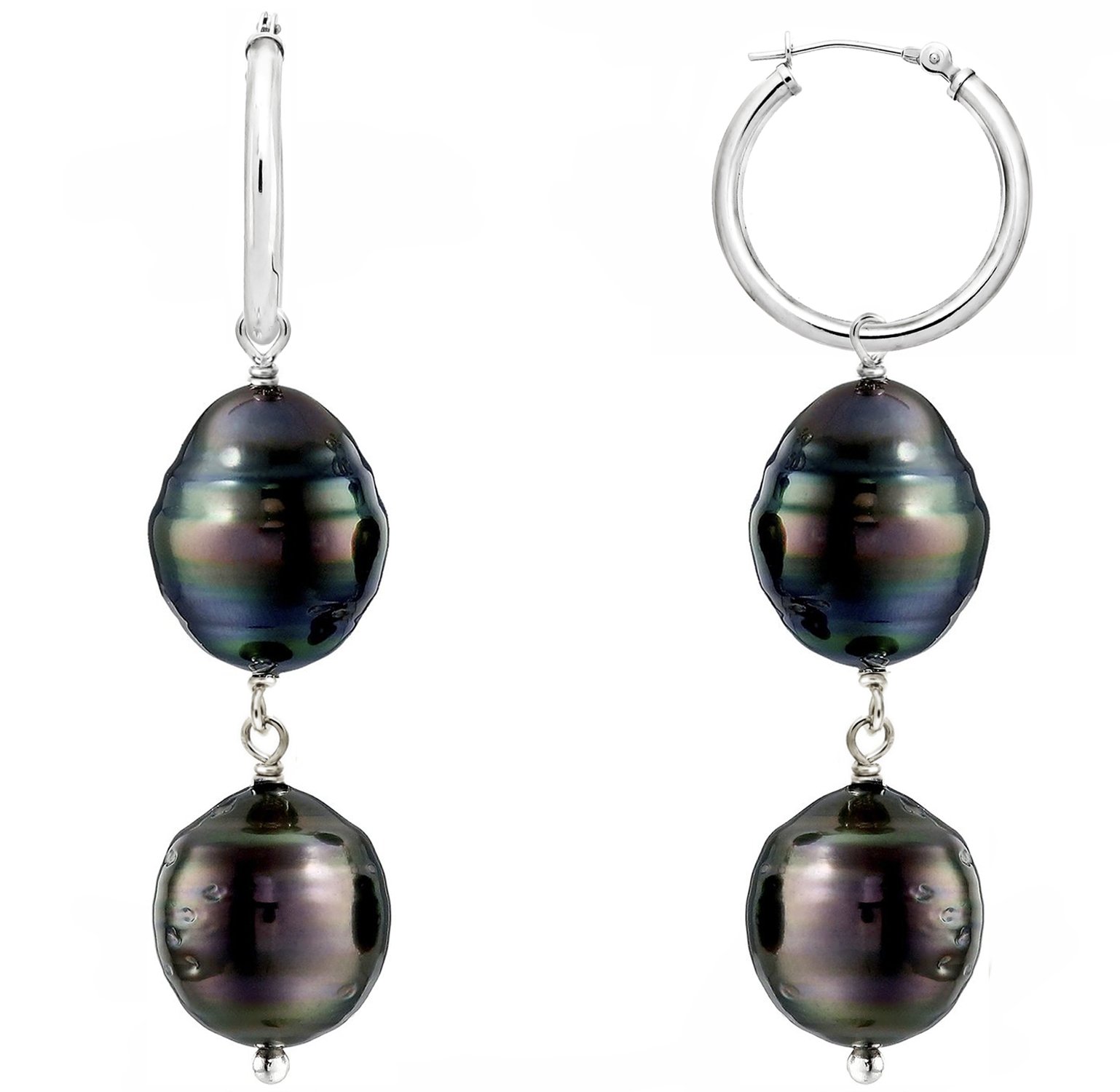 8-12mm Black Tahitian Cultured Pearl Sterling Silver Hoop Dangle Earrings for Women | Unique Off-Shape Pearl Jewelry | Perfect for Weddings, Parties & Special Occasions