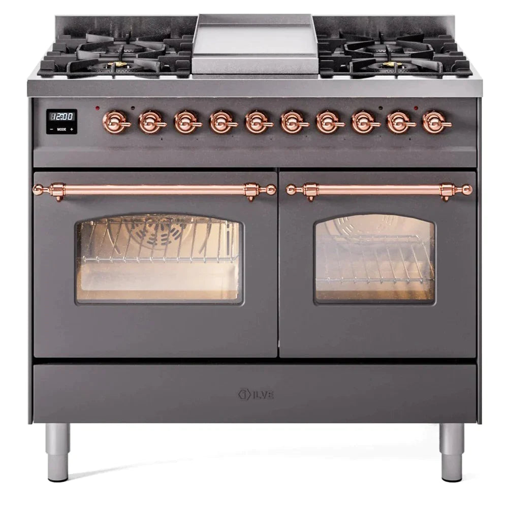 ILVE 40 Nostalgie II Series Freestanding Double Oven Dual Fuel Range - 6 Sealed Burners & Griddle - Professional Gas & Electric Range for Home Kitchen - Perfect for Baking, Roasting & Family Cooking (Model UPD40FNMP)