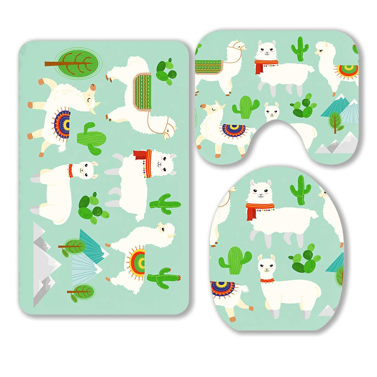 Cute Alpaca and Llama Bathroom Rug Set - 3 Piece Non-Slip Bath Mat, Contour Mat & Toilet Cover with Cactus Mountain Design - Soft & Absorbent for Bathroom, Kids Room, or Dorm Decor