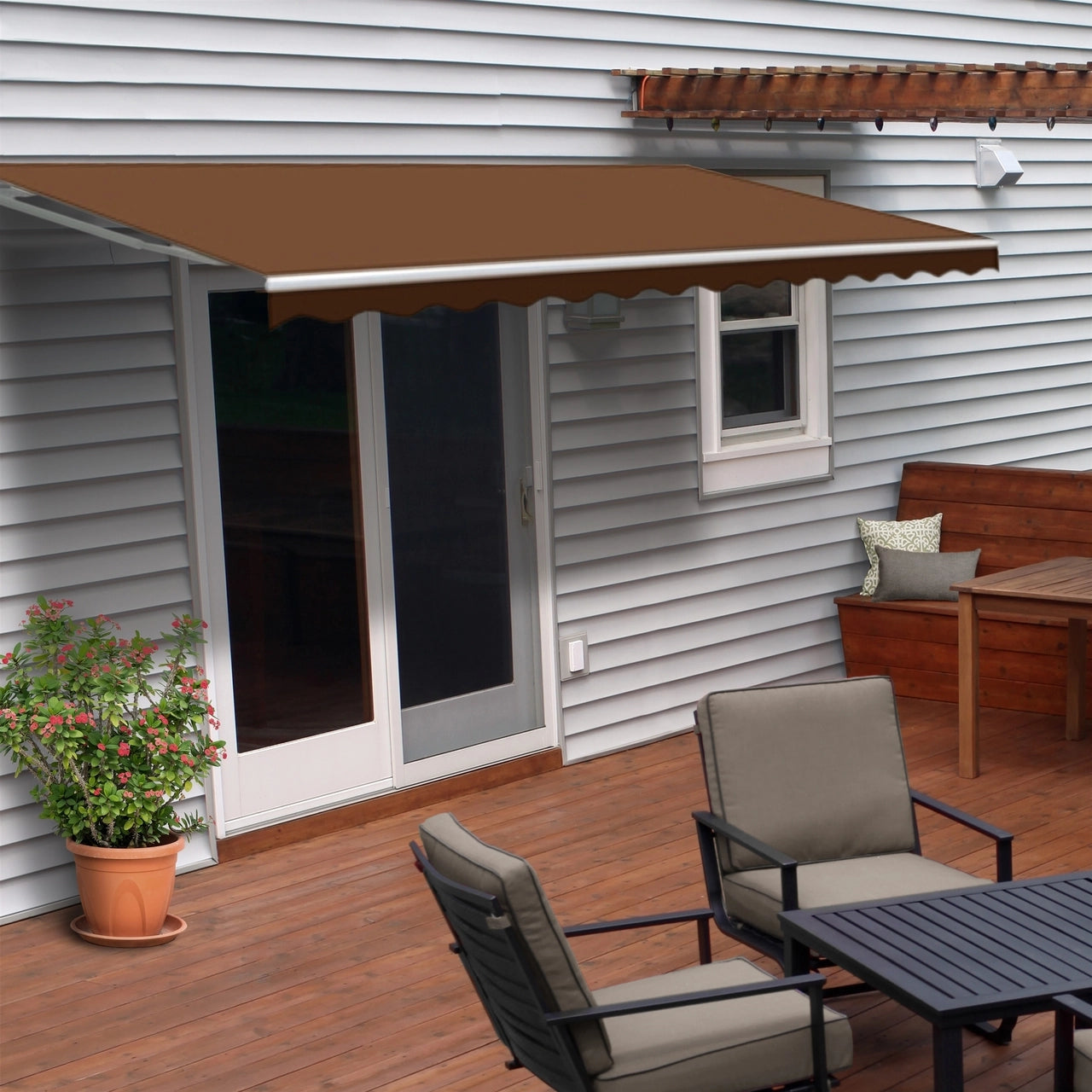 Aleko 12x10 Feet Motorized Retractable Patio Awning with White Frame - Brown Outdoor Sun Shade for Deck, Garden, and Backyard Relaxation