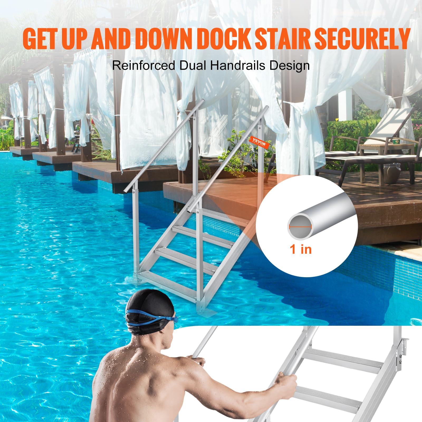 VEVOR 4-Step Aluminum Dock Ladder with Handrails - 500lb Capacity Adjustable Boat Steps for Pool, Lake & Marine Use - Wide Non-Slip Pedals for Pontoon, RV & Home Boarding - Perfect for Swimming, Fishing & Water Sports Access