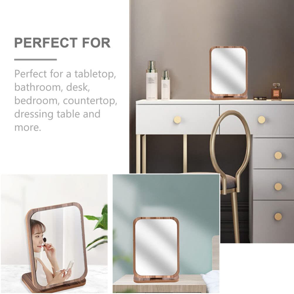 Beaupretty Wooden Fold Down Desk Vanity Makeup Mirror with Stand - Folding Tabletop Mirror for Bathroom, Bedroom & Dressing Room - Compact Desktop Makeup Mirror for Travel & Home Use