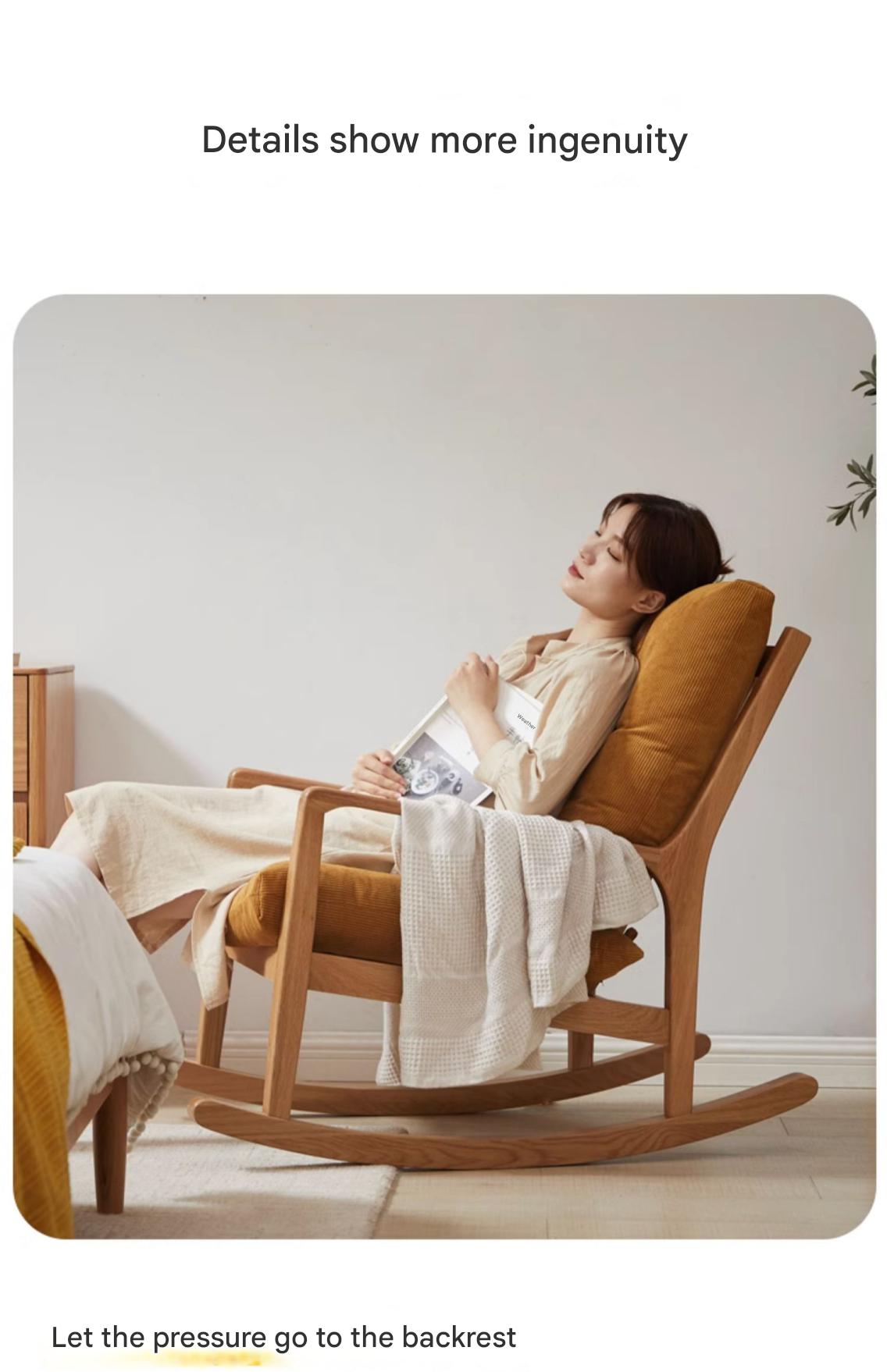 Solid Oak Wood Single Lazy Rocking Chair - Comfortable Recliner for Living Room, Bedroom, or Nursery - Perfect for Relaxing, Reading, and Napping