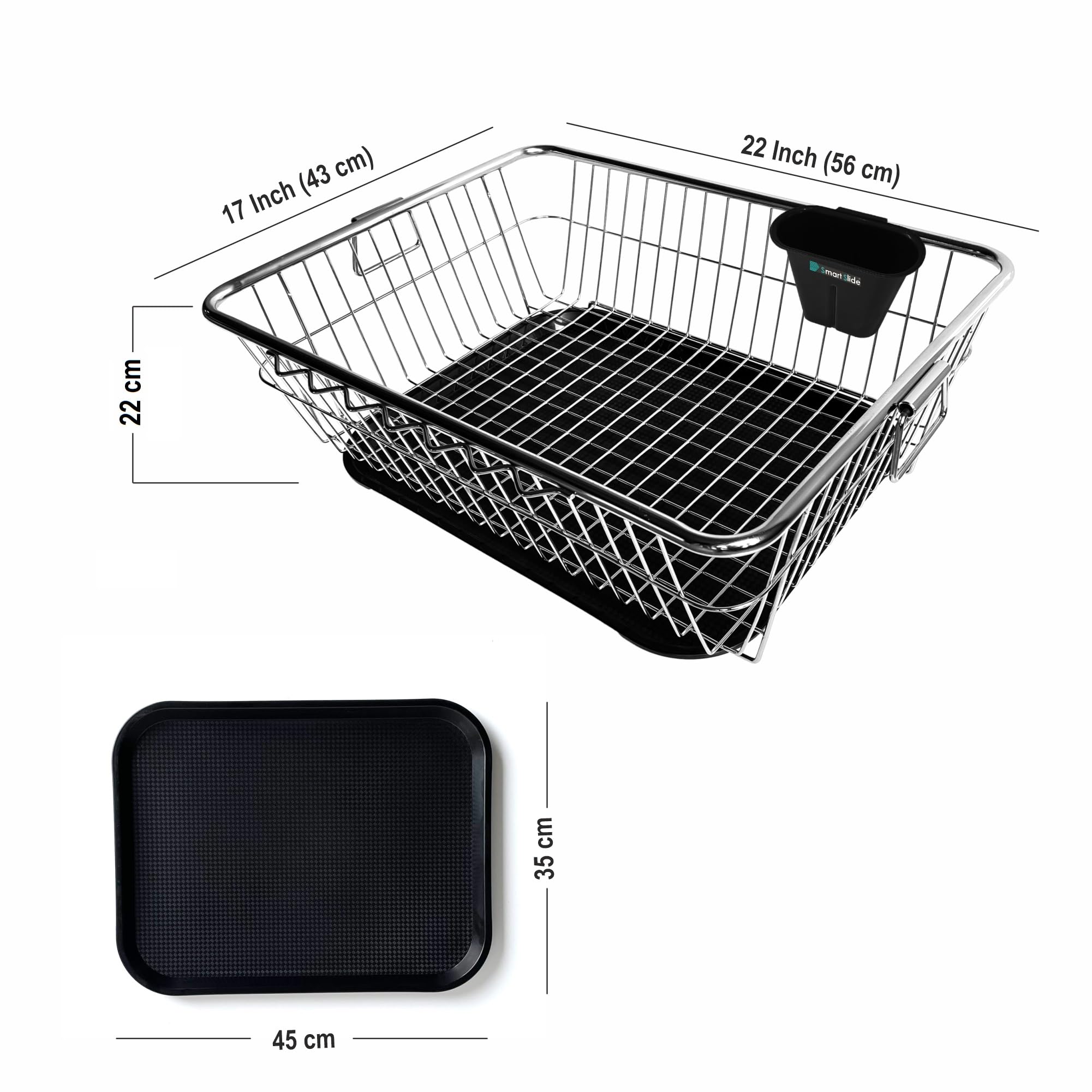SmartSlide Stainless Steel Dish Drainer & Utensil Drying Rack with Drain Tray - 22 x 17 Inch Kitchen Organizer for Countertop, Sink Side | Perfect for Drying Dishes, Cups & Cooking Tools in Modern Kitchens
