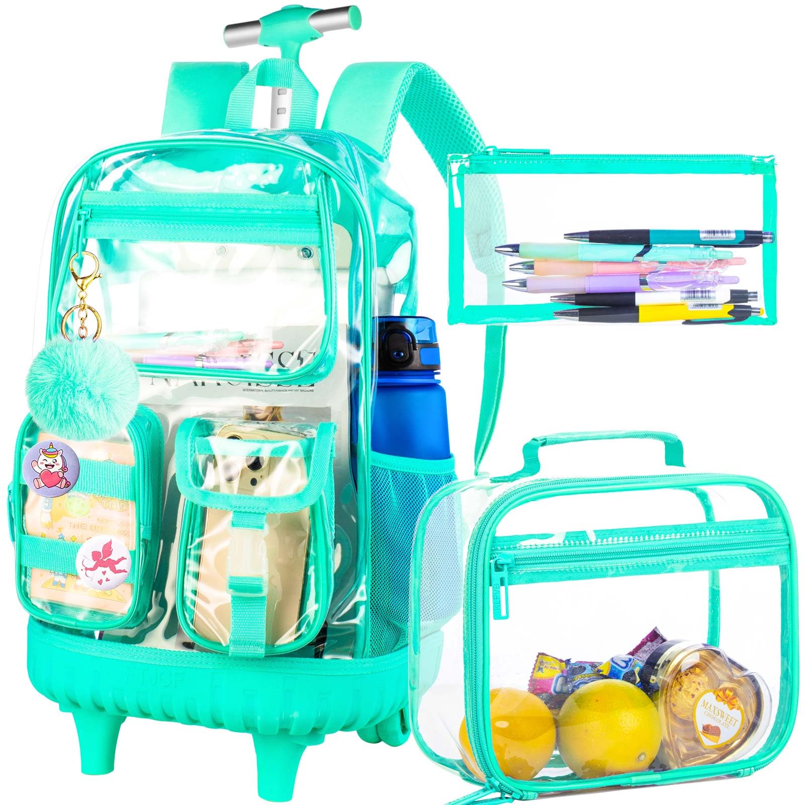 Heavy Duty Clear Rolling Backpack for Women & Teens - PVC Transparent Wheeled Bookbag with See-Through Design, Durable School Travel Backpack for Elementary Students (Green) - Perfect for School, Travel, Airport Security & Everyday Use