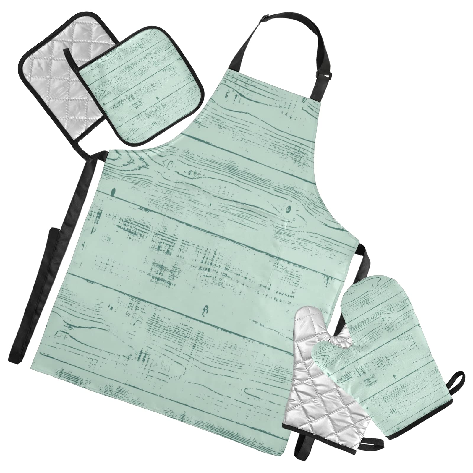 Mint Green Kitchen Linen Set with Wood Board Print - Cooking Apron, 2 Potholders & 2 Oven Mitts - Chef Accessories for Men & Women - Perfect for Baking, Grilling & Home Kitchen Decor