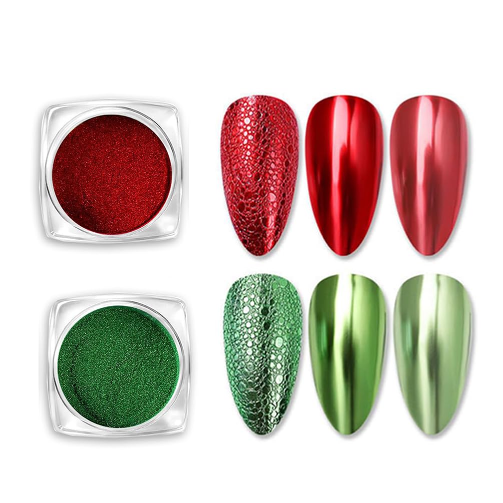2 Boxes Christmas Red & Green Chrome Nail Powder - Mirror Effect Aurora Magic Pearlescent Glitter for DIY Nail Art | Holographic Pigment & Mermaid Pearl Dust | Perfect for Holiday Nail Designs, Party Manicures & Gift Giving