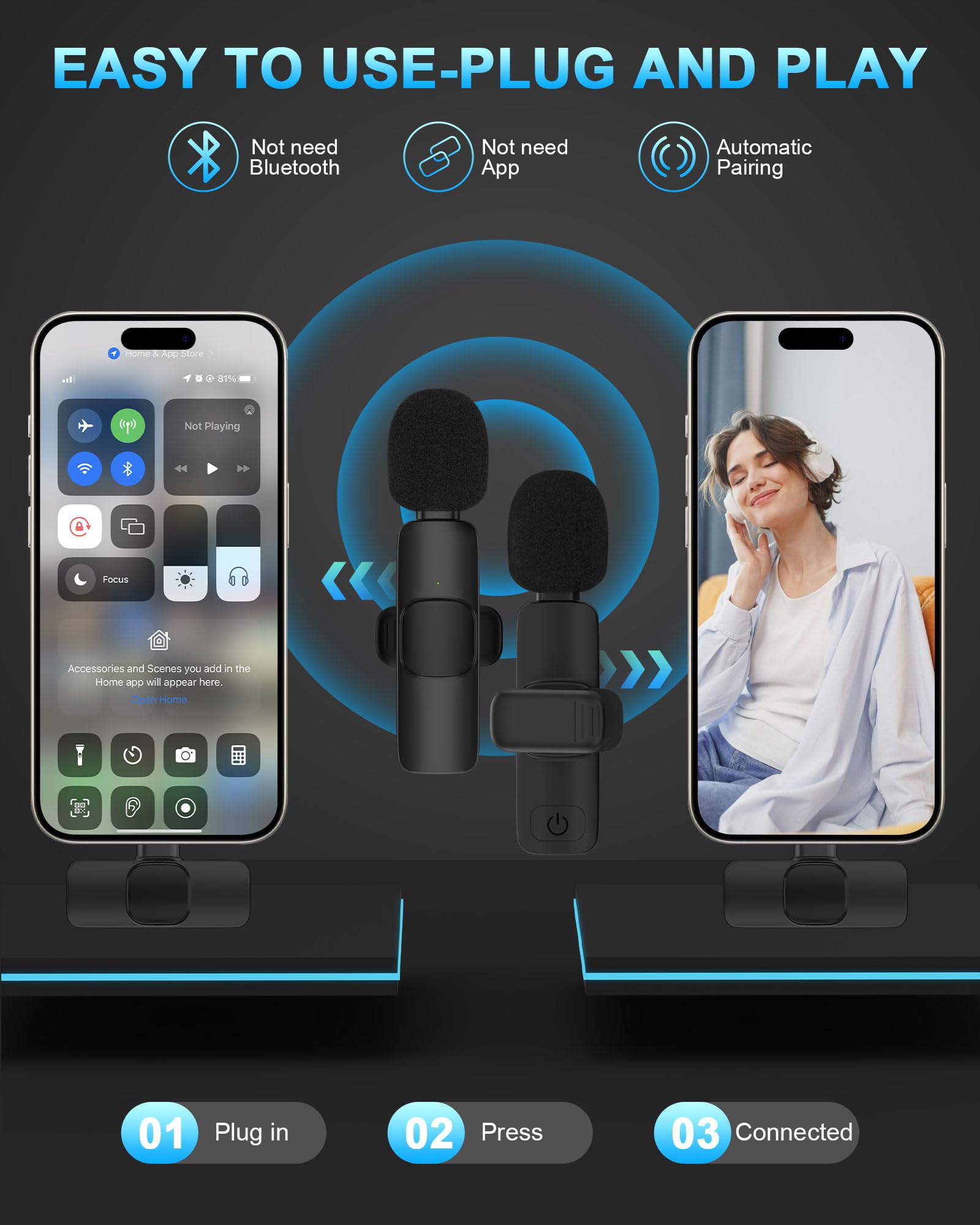 Wireless Lavalier Microphone USB C, Bluetooth Lapel Mic for iPhone 16/15 Pro Max/Plus & Android Phones, Mini Clip-On Microphone for YouTube Videos, Podcasting, Live Streaming & Interviews