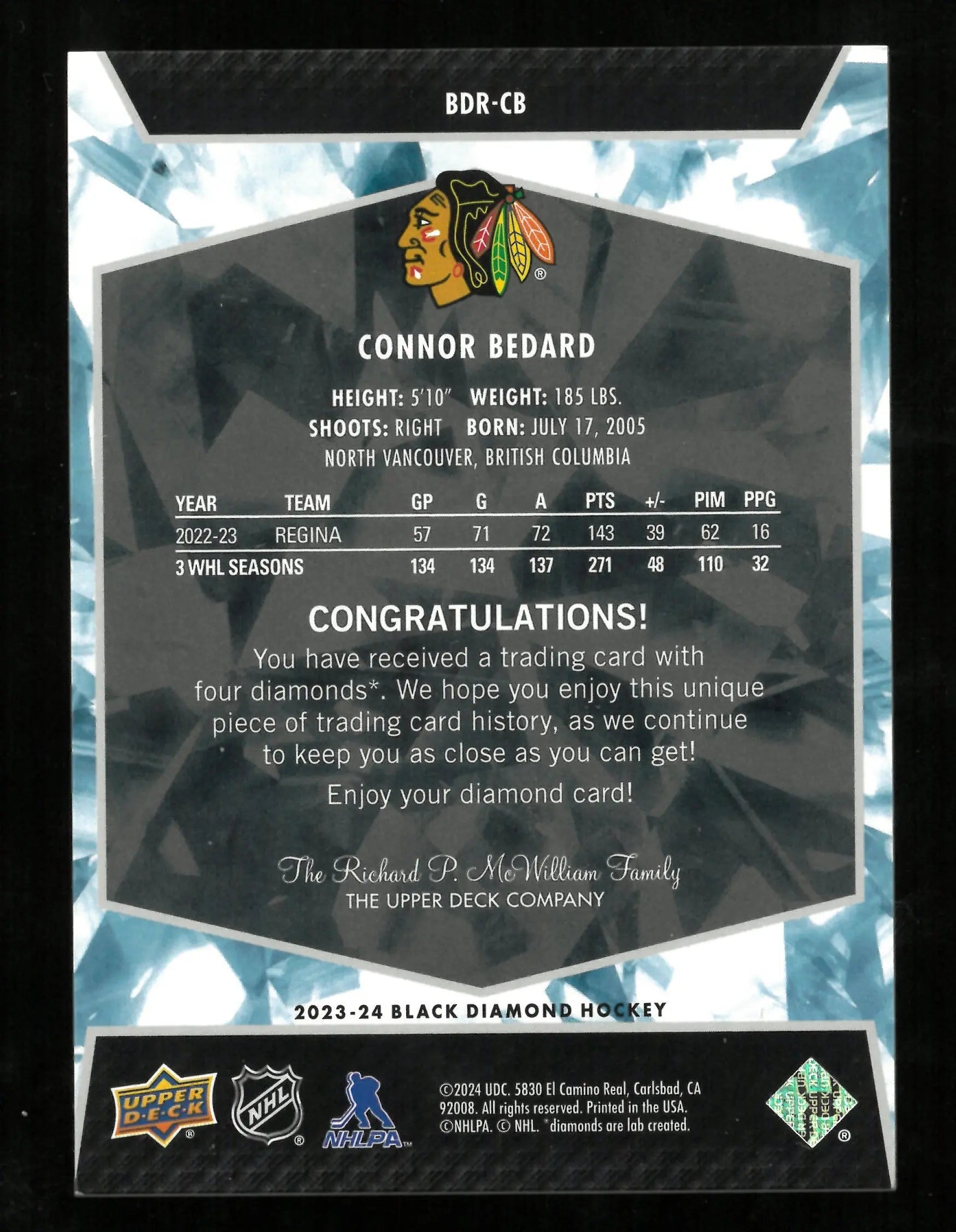 2023-24 Upper Deck Black Diamond Hockey Connor Bedard Rookie Quad Diamond Relic Card #/99 - Collectible Sports Memorabilia for Fans & Investors