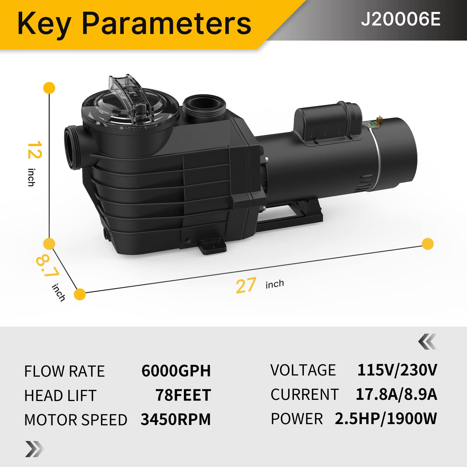 2.5 HP Inground Pool Pump - Dual Voltage 115V/230V, 6000GPH Max Flow, 78FT Head Lift - Energy Efficient DoE-Compliant Pool Pump with 1.5