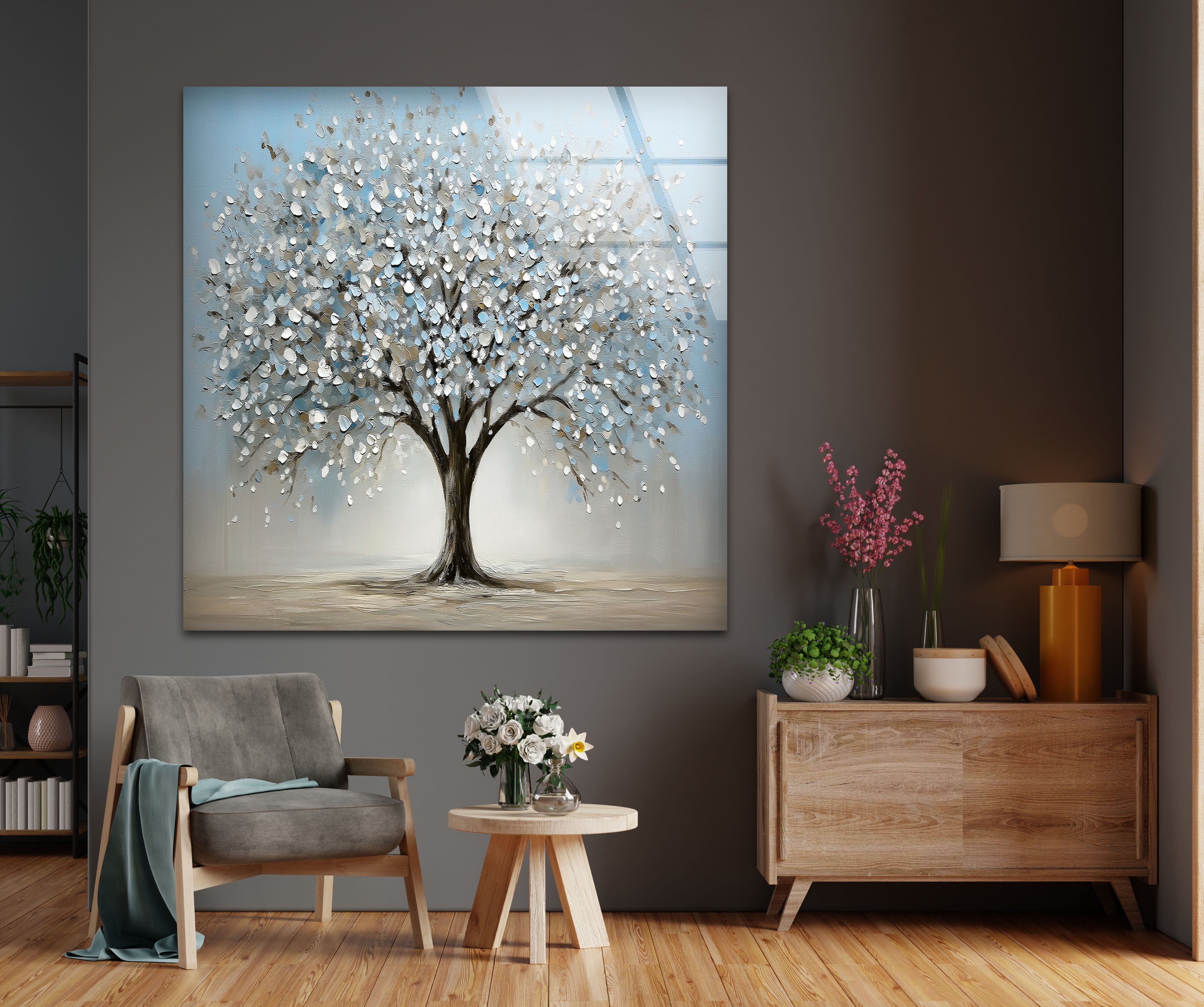 Blossoming Serenity Tree - Modern Textured Glass Wall Art Decor for Living Room, Bedroom & Office | Nature-Inspired Home Decor