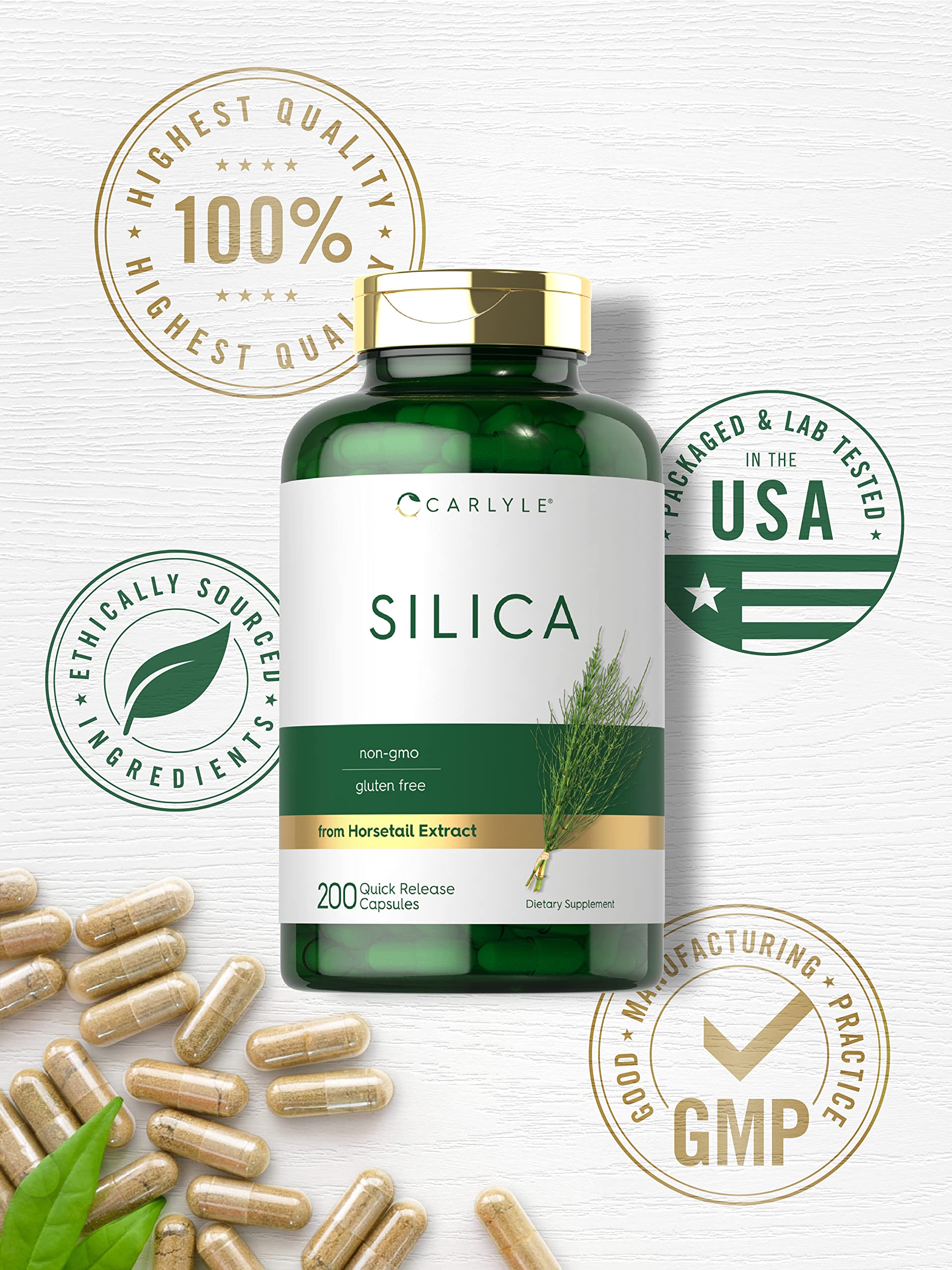 Carlyle Silica Supplement Capsules 200 Count | Natural Horsetail Extract | Non-GMO, Gluten Free | Supports Hair, Skin & Nail Health for Women & Men