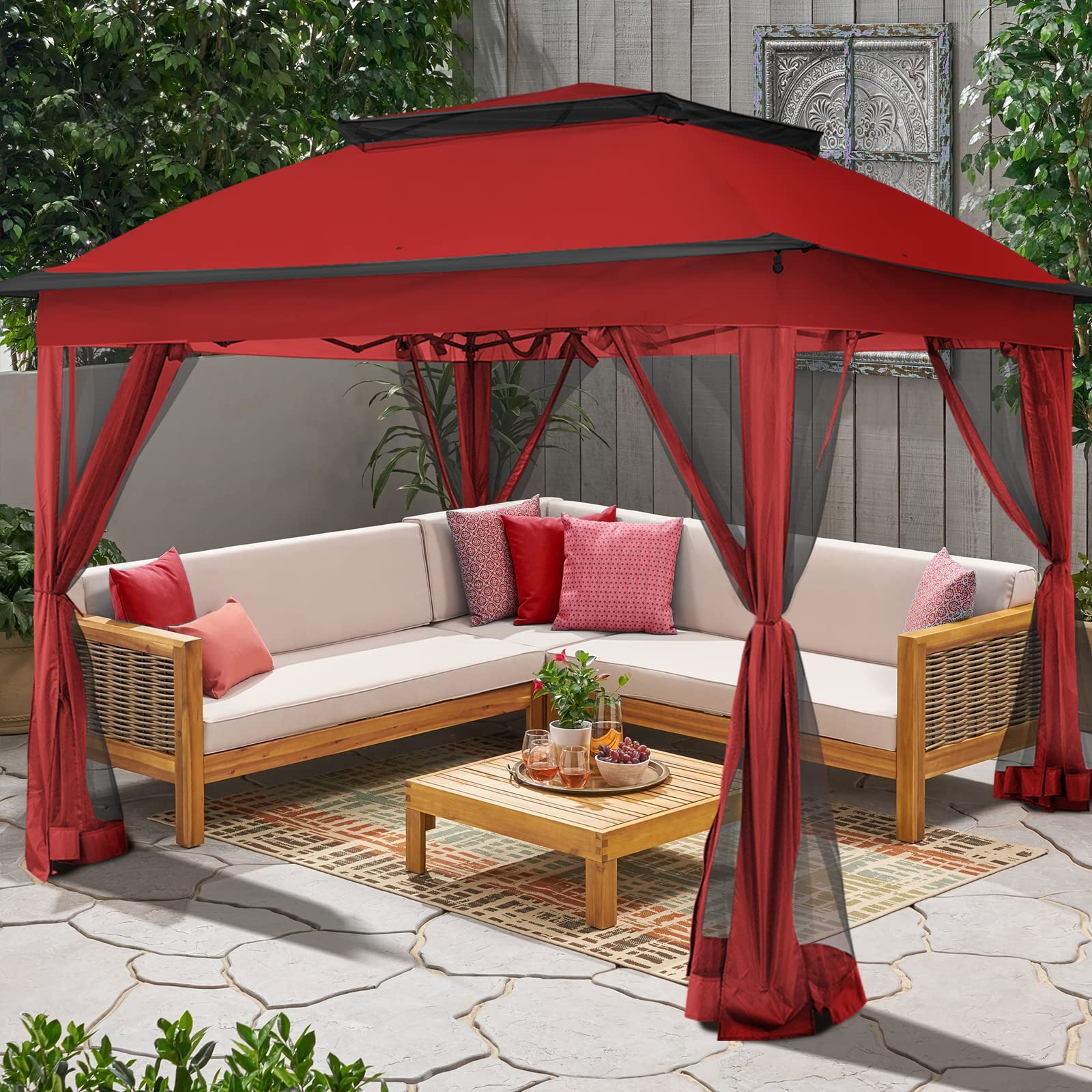 Joyside 11'x11' Pop Up Gazebo with Mosquito Netting & Sidewalls - Waterproof Outdoor Canopy Tent for Patios, Backyards, Weddings & Camping (Red)