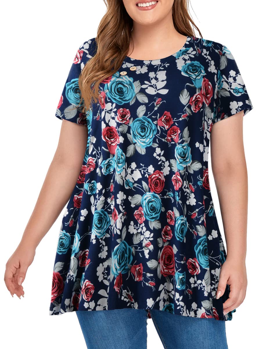 OVERWORETY Women's Plus Size Tunic Short Sleeve Loose Swing Tops - Comfortable Casual Blouse for Summer, Work & Everyday Wear
