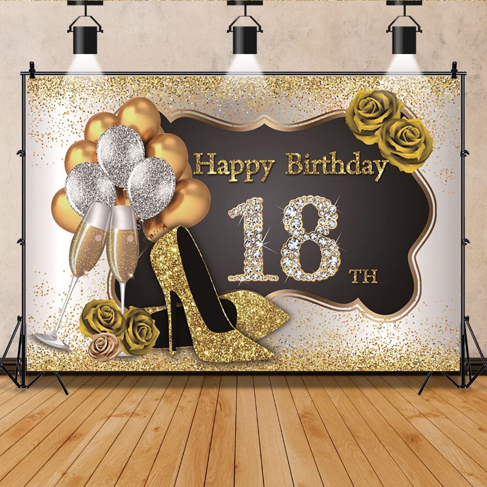 6x4ft Happy 18th Birthday Backdrop - Luxury Gold & Black Glitter Photography Background with Glitter Heels, Roses, Diamonds & Sequins - Perfect for Girls Party Decor, Photo Studio Props & Portrait Sessions