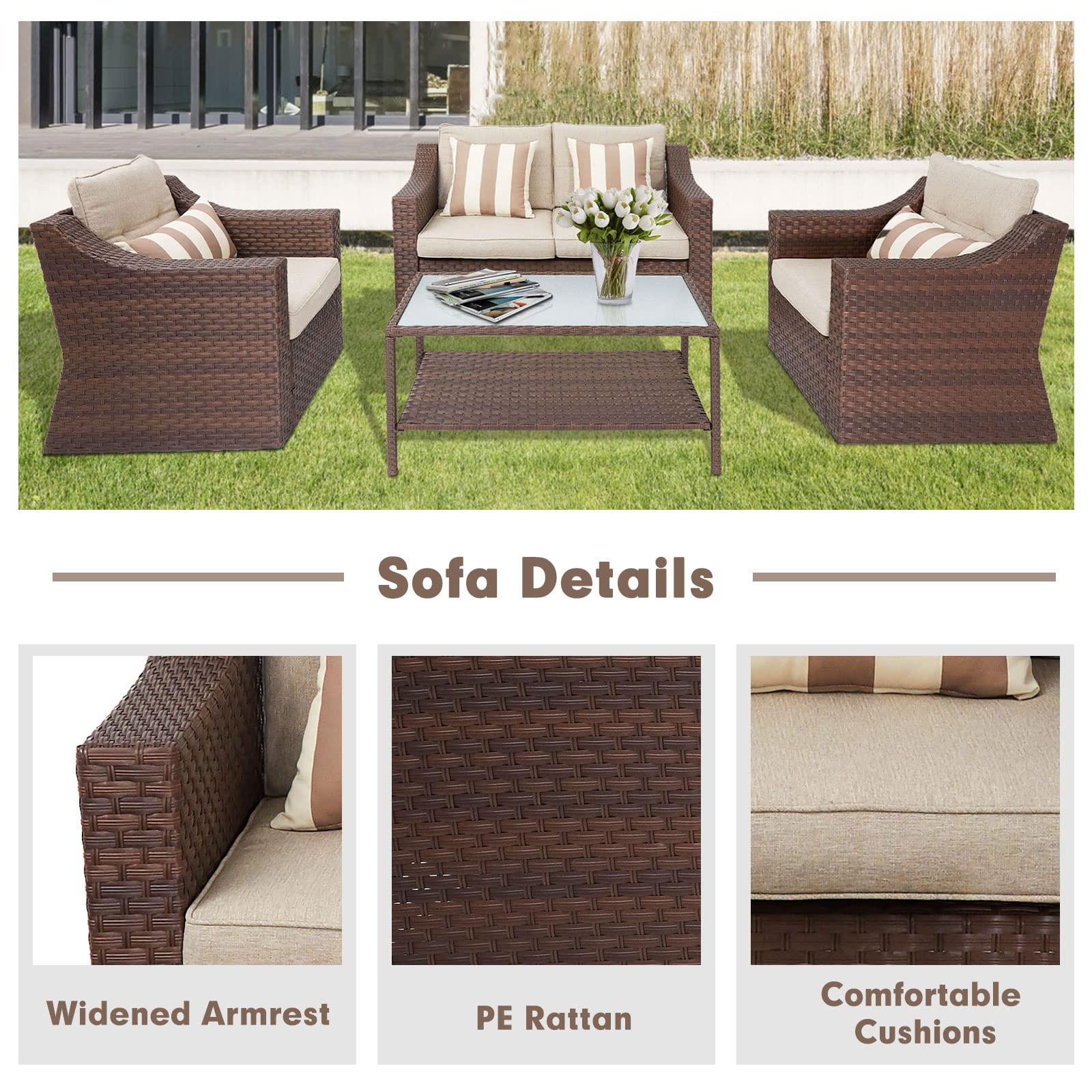Outdoor Furniture 4-Piece Conversation Set - All-Weather Brown Wicker with Beige Cushions & Glass Coffee Table - Perfect for Patio, Garden, Poolside & Backyard Relaxation
