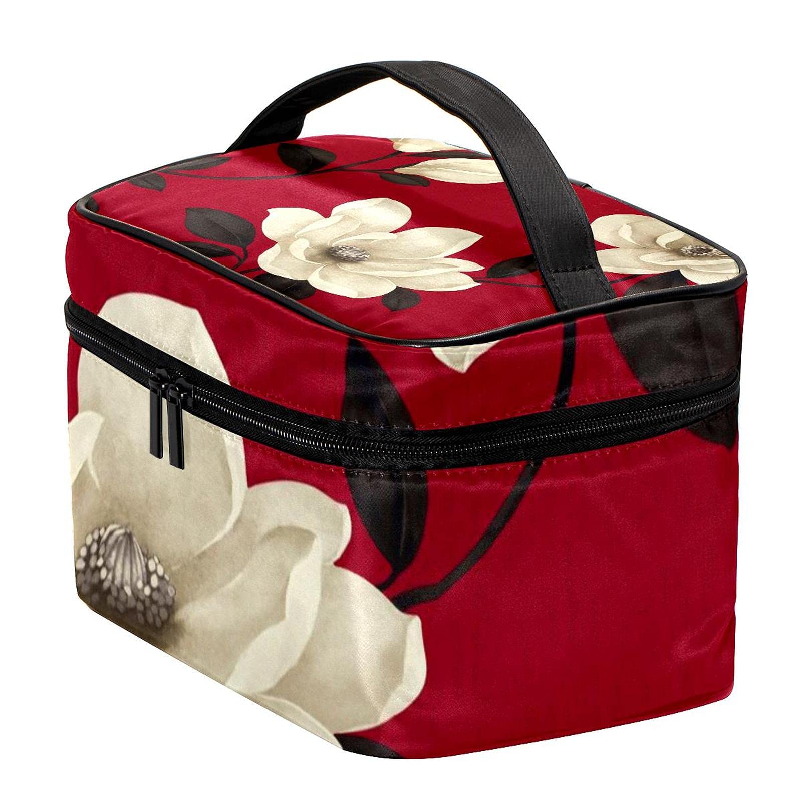 Large White Floral Red Pattern Travel Makeup Bag - Waterproof Cosmetic Organizer Case with Zipper for Women & Girls - Perfect for Vacation, Gym, and Daily Essentials Storage