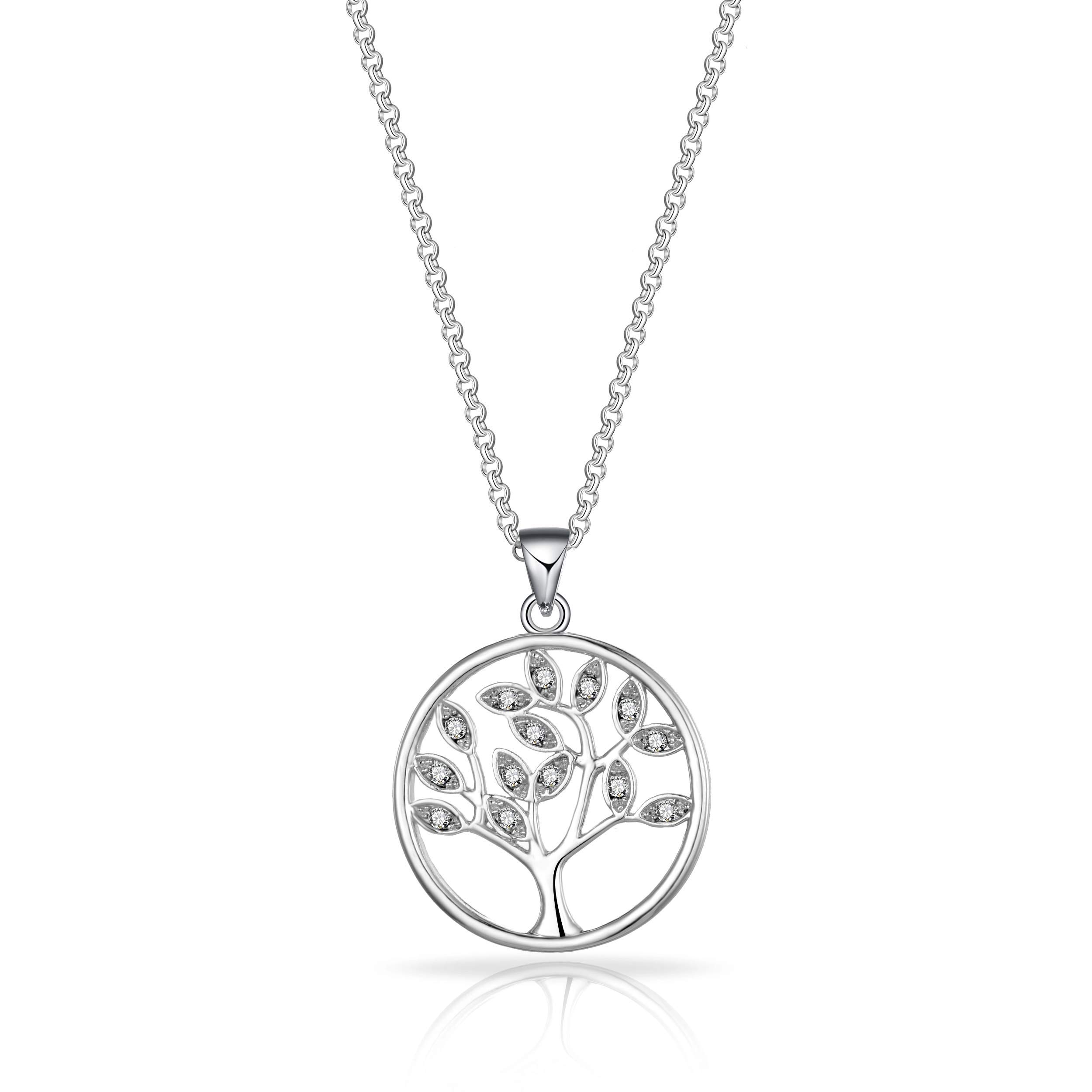 Silver Plated Tree of Life Necklace with Zirconia Crystals - Gift for Women