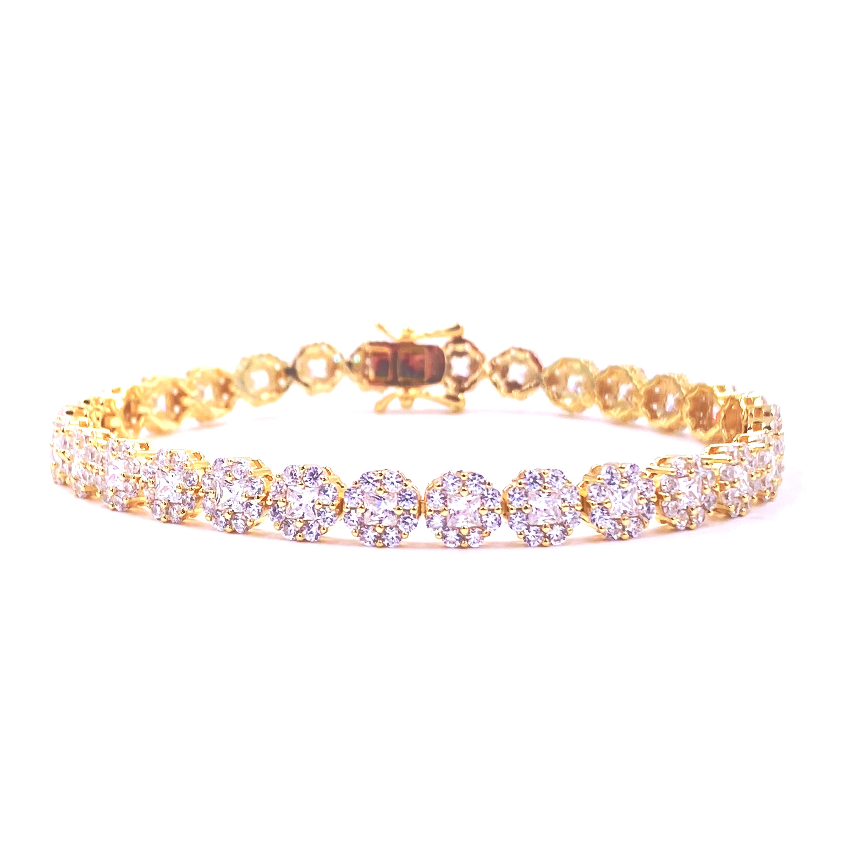Ashley Gold Sterling Silver Gold Plated CZ Flower Design Tennis Bracelet for Women - Elegant Jewelry Gift for Anniversary, Wedding & Special Occasions