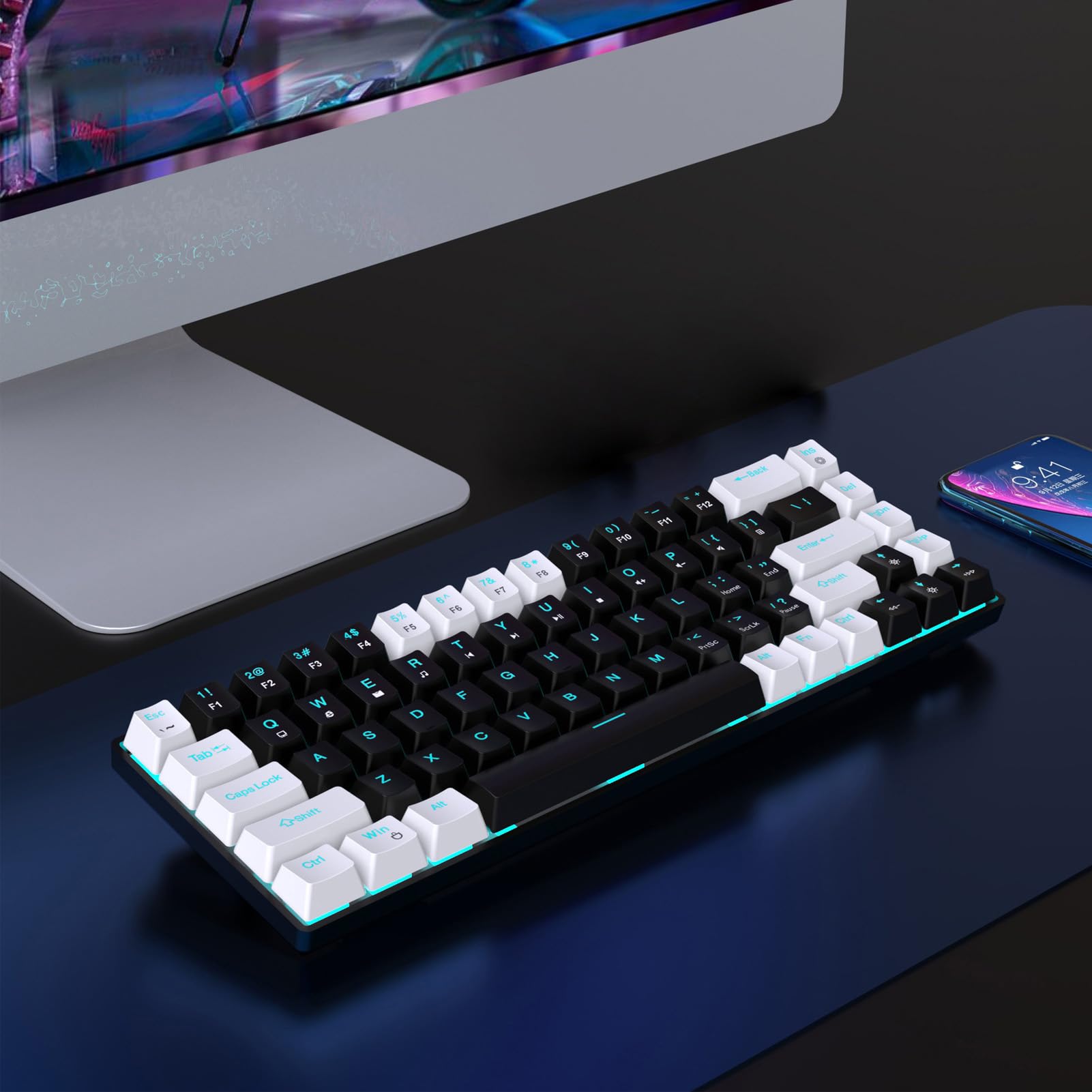 Gearwell 68 Key RGB Mechanical Gaming Keyboard for PC - Compact Wired Keyboard with Customizable Backlight, White & Black - Perfect for Gaming, Typing & Office Work