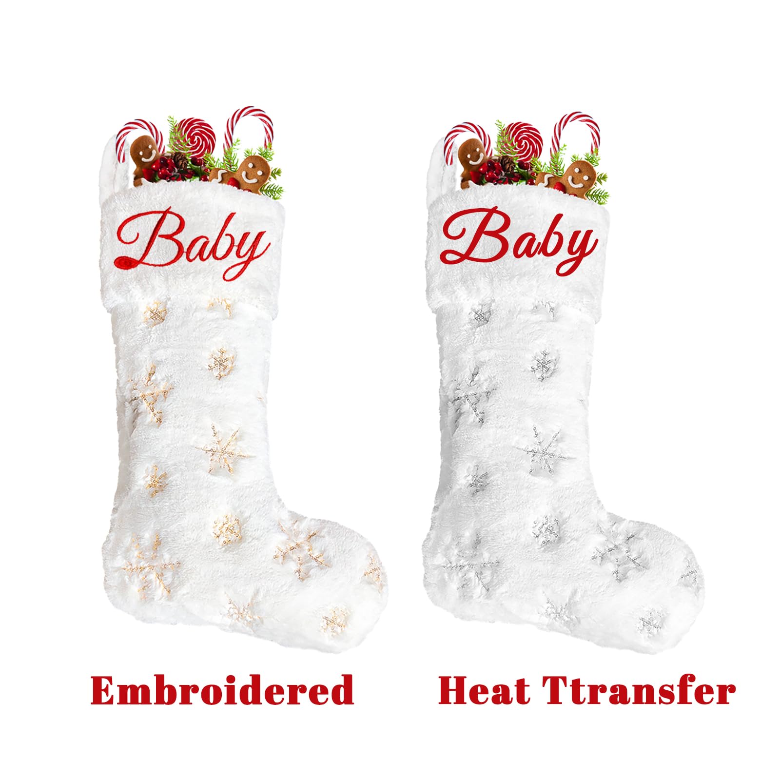 2 Pack Personalized Christmas Stockings with Names - 22 Inch Custom Embroidery Faux Fur Holiday Stockings in White with Gold/Silver Snowflake Designs - Perfect for Fireplace Mantel, Xmas Tree Decorations & Holiday Party Decor