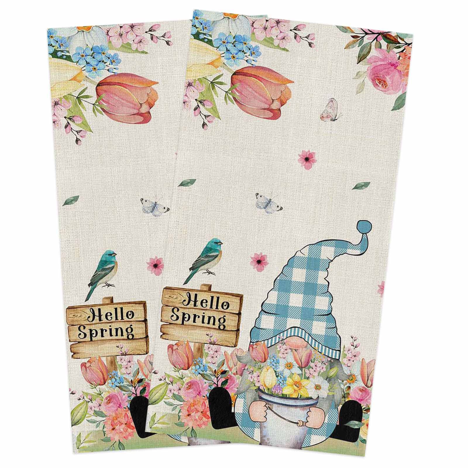 **Floral Gnomes Cotton Kitchen Towels Set of 2 - 18x28 Inch Absorbent Reusable Dishcloths for Kitchen, Bar & Hand Drying - Spring Linen Grain Design for Dishwashing, Tea Towels & Cleaning**    *(Perfect for Everyday Kitchen Use, Dish Drying, Bar Cleaning & Hand Towel Needs)*
