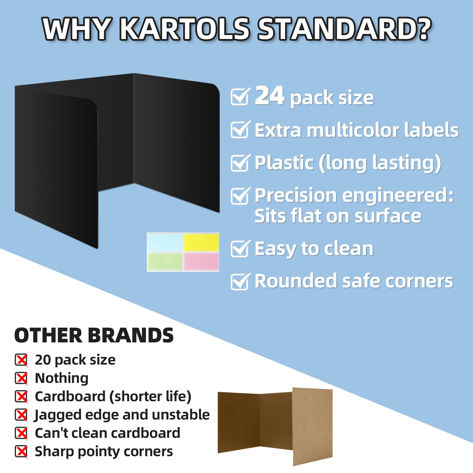 Kartols 24-Pack Black Plastic Privacy Folders for Students - Classroom Desk Dividers & Teacher Supplies - Easy-to-Clean Privacy Shields for Study, Testing & Organized Workspaces