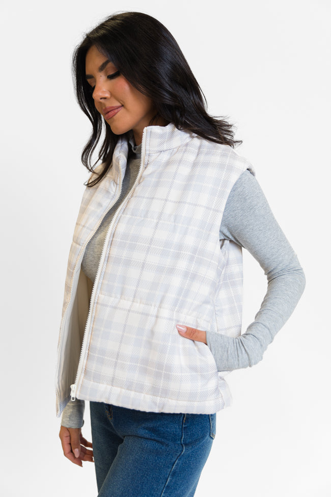 Beige Plaid Puffer Vest for Women - Cozy Winter Fashion Outerwear | Perfect for Outdoor Activities, Casual Wear & Layering