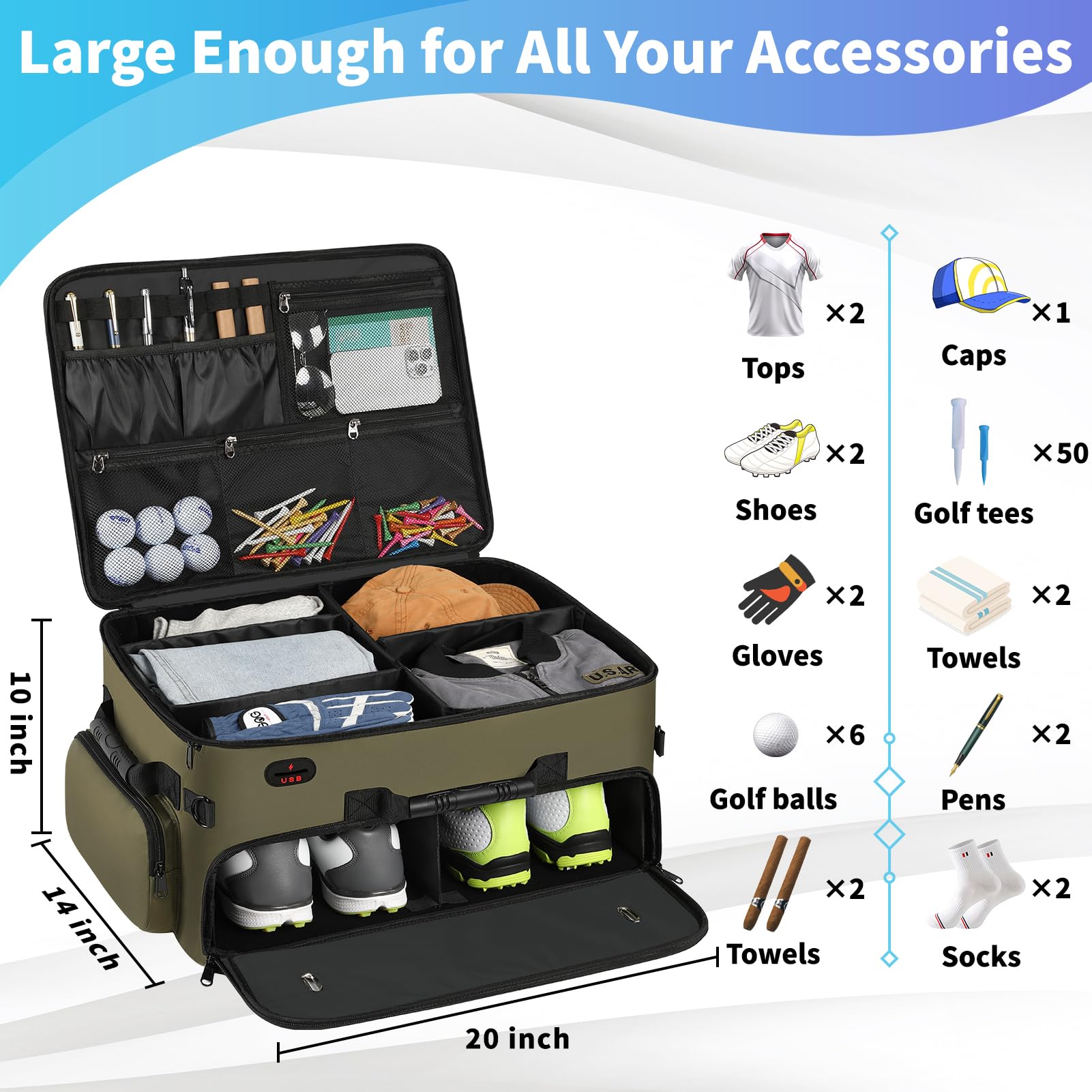 Mogplof Extra Large 2 Layer Golf Trunk Organizer - Water-Resistant Car Storage for Golf Shoes, Balls, Tees & Accessories (20