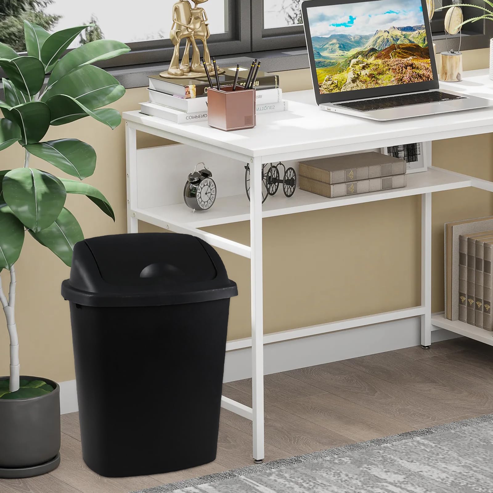 Xyskin 6 Gallon Plastic Swing Top Trash Can - 4 Pack Commercial Wastebasket for Kitchen, Garage, Office & Workspace - Durable Black Garbage Bin for Home & Business Use - Perfect for Recycling, Disposal & Organization