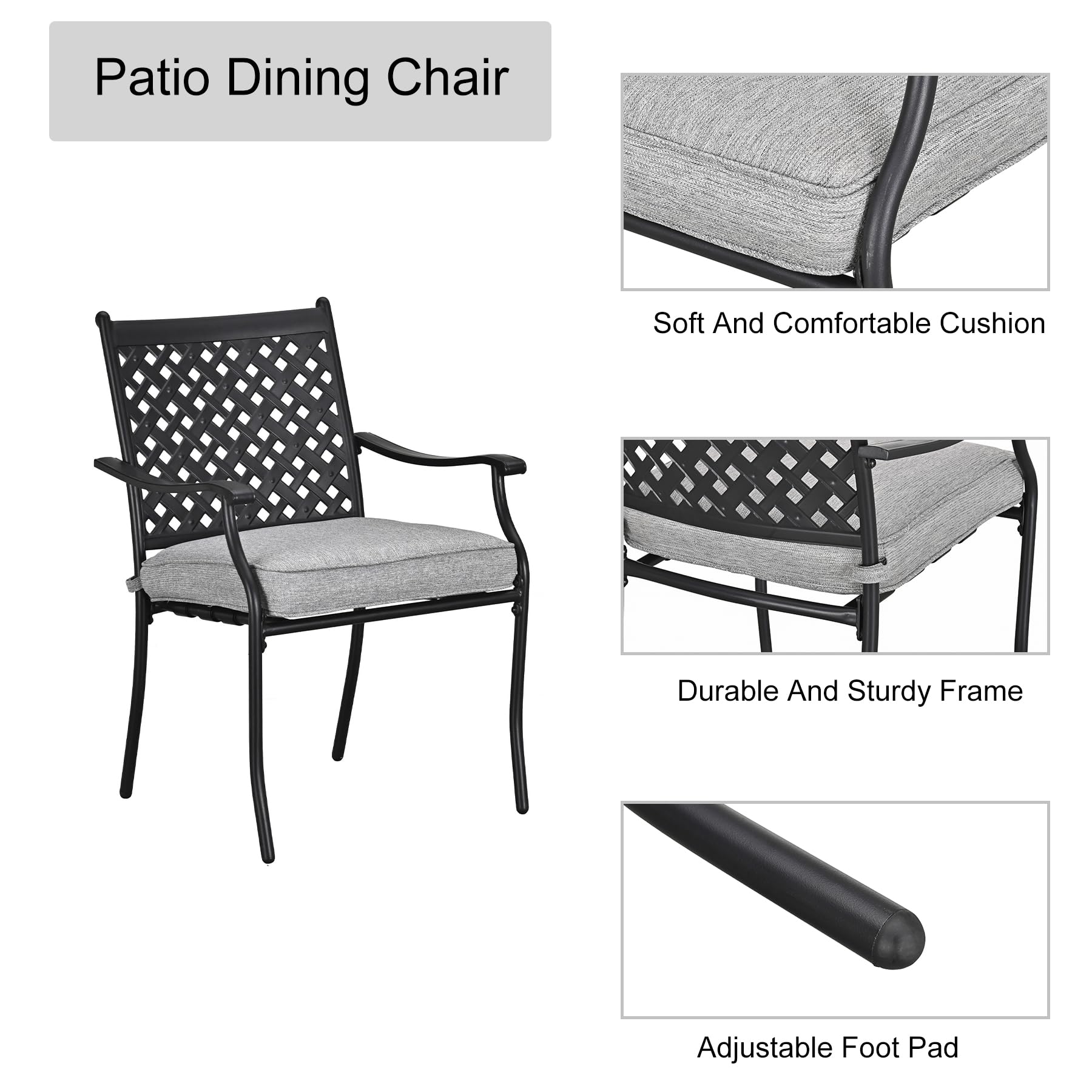 LOKATSE HOME 4-Piece Outdoor Patio Dining Chair Set - Wrought Iron Metal Chairs with Arms & Cushions (Grey) - Perfect for Garden, Backyard, Poolside & Restaurant Outdoor Seating