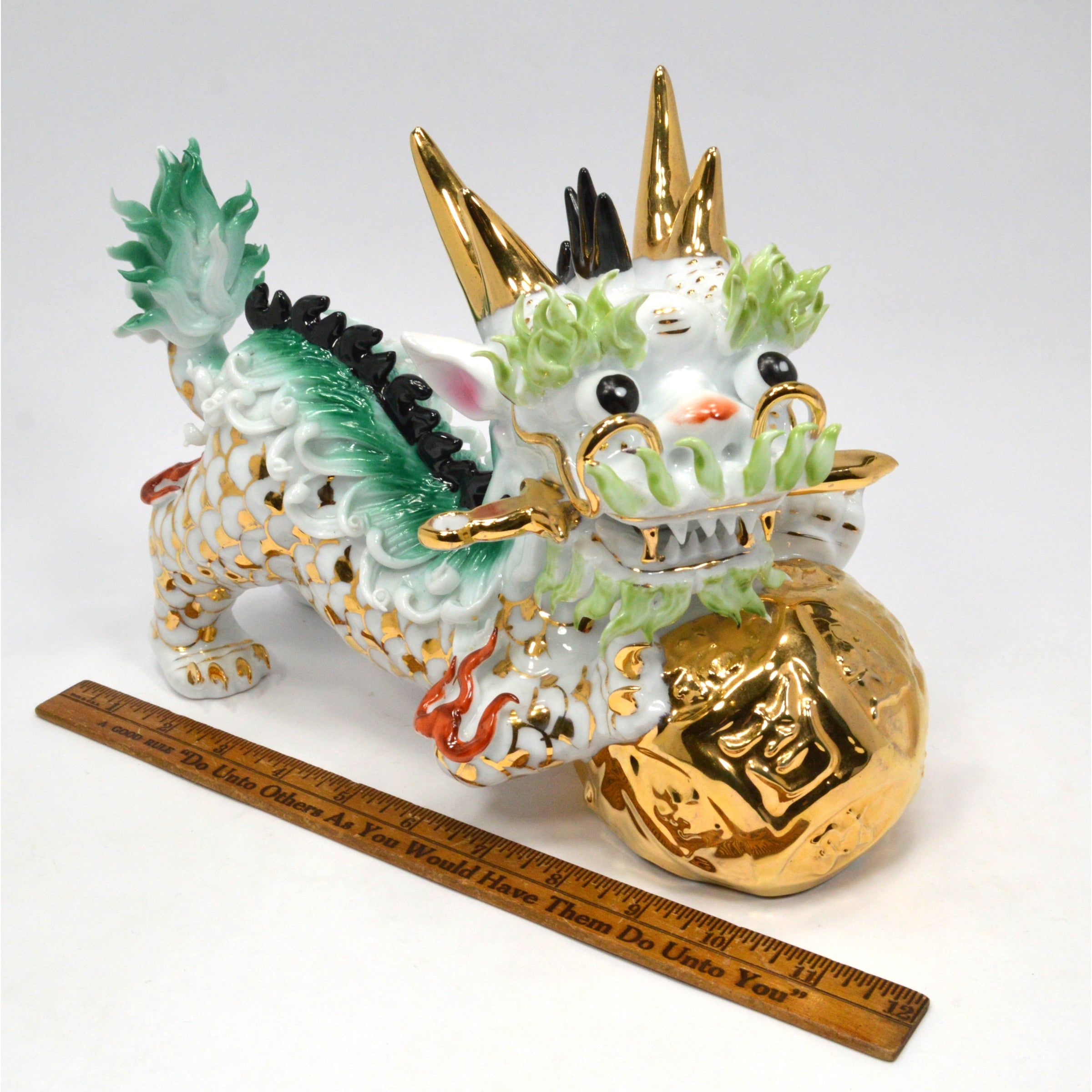 Imperial Chinese Fu Dog Foo Lion Porcelain Statue - Male Guardian Temple Figurine (Set of 2) for Home Decor, Feng Shui Protection & Asian Art Collection