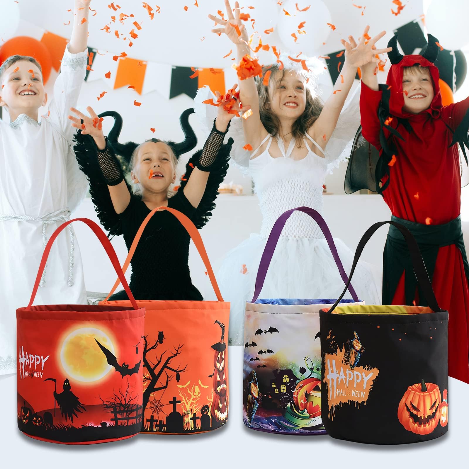 LED Light Up Halloween Trick or Treat Pumpkin Bucket - Collapsible Reusable Candy Basket for Kids, Fabric Gift Goody Bags - Perfect for Halloween Parties, Trick-or-Treating & Holiday Decor (Purple)