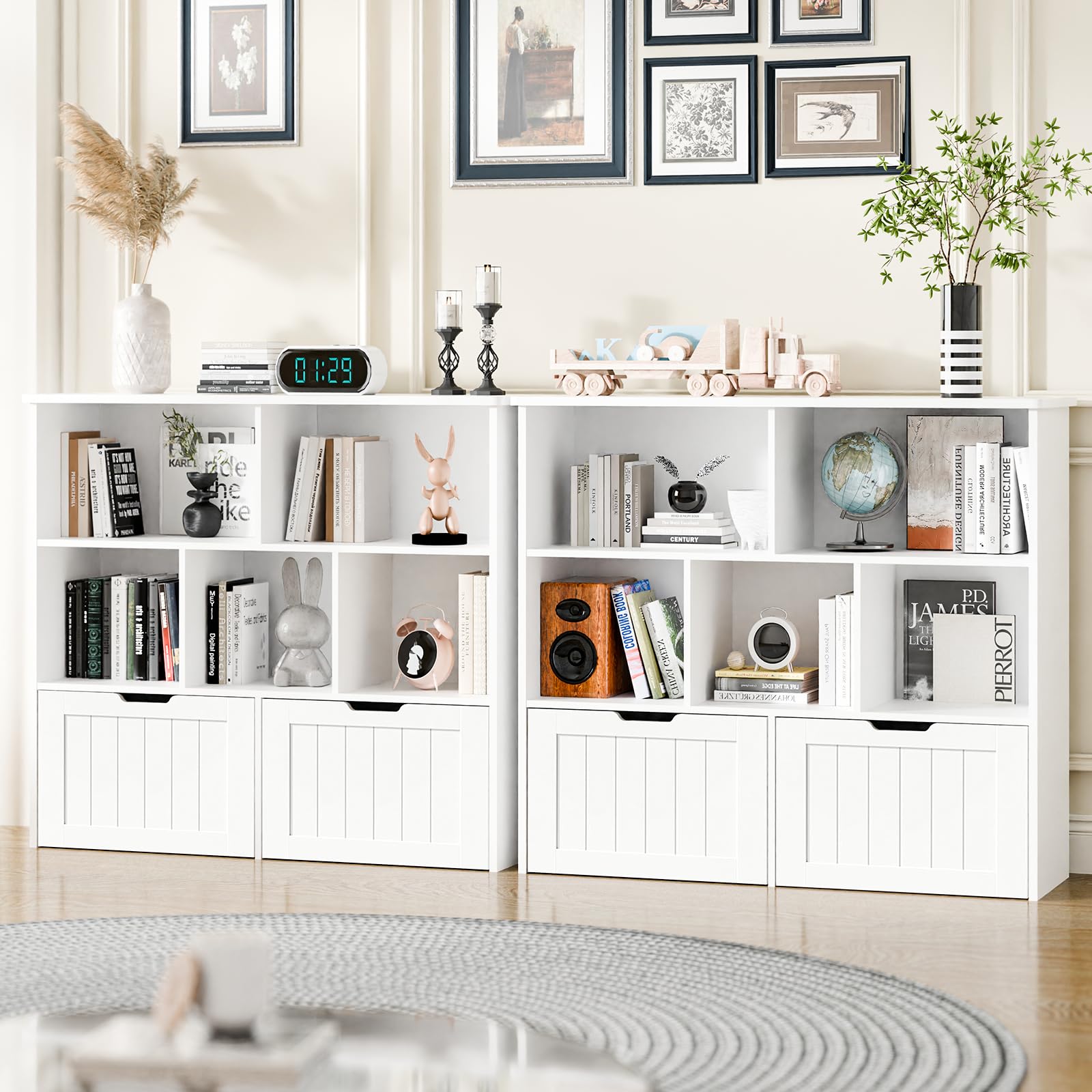 Multifunctional White Toy Storage Organizer with 2 Movable Drawers & 5 Storage Cubbies - Kids Bookshelf, Toy Chest with Hidden Wheels for Playroom Organization | Perfect for Nursery, Daycare & Home Play Areas